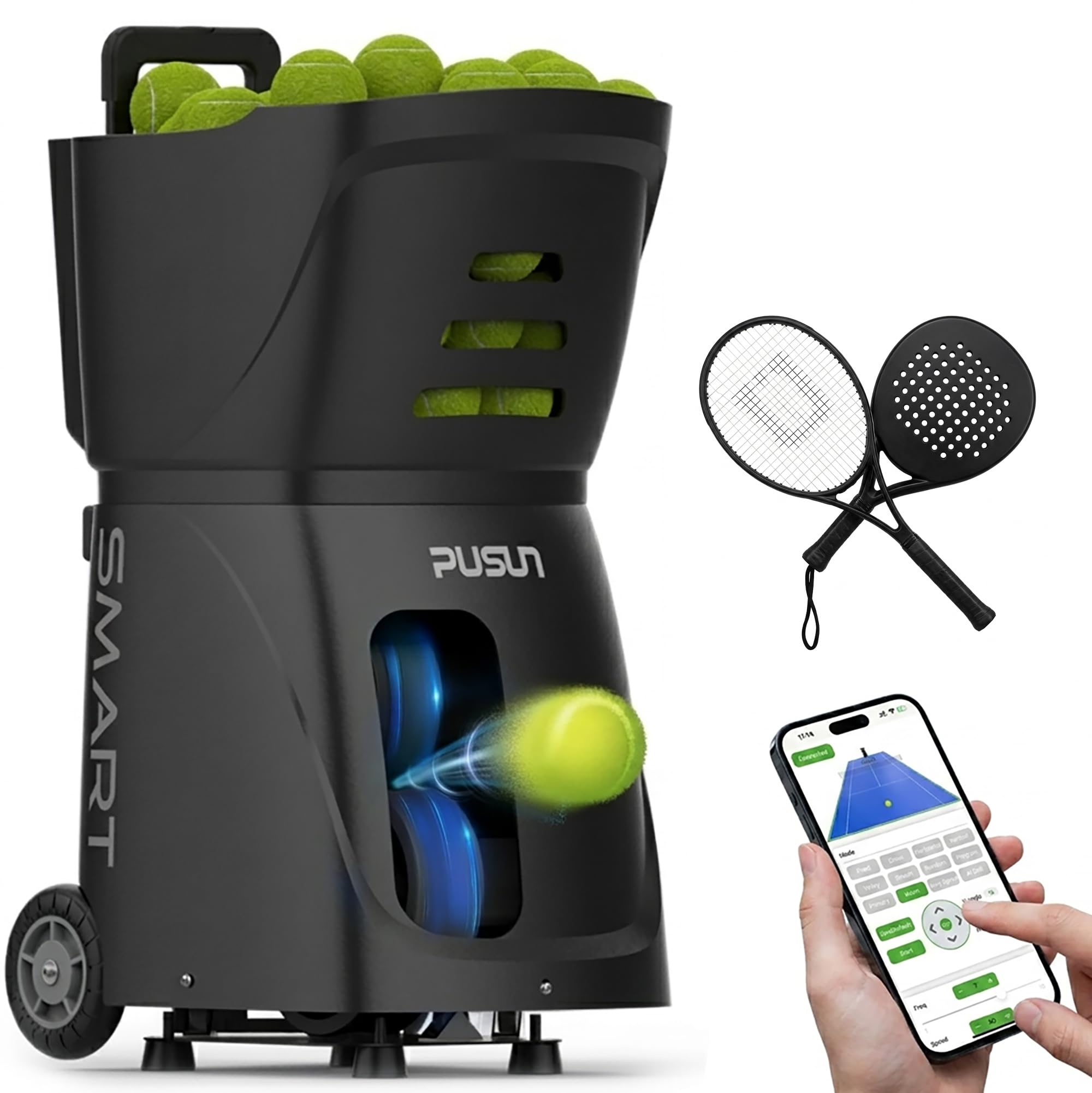 PUSUN PT-Smart Tennis & Padel Ballmaschine | App-Steuerung, 120 km/h, 14,8 kg, 5h Akku, 12 Modi, 6 Spin-Stufen, 28 Punkte, 100+ Bälle, Portabel für Training vom Anfänger bis Profi
