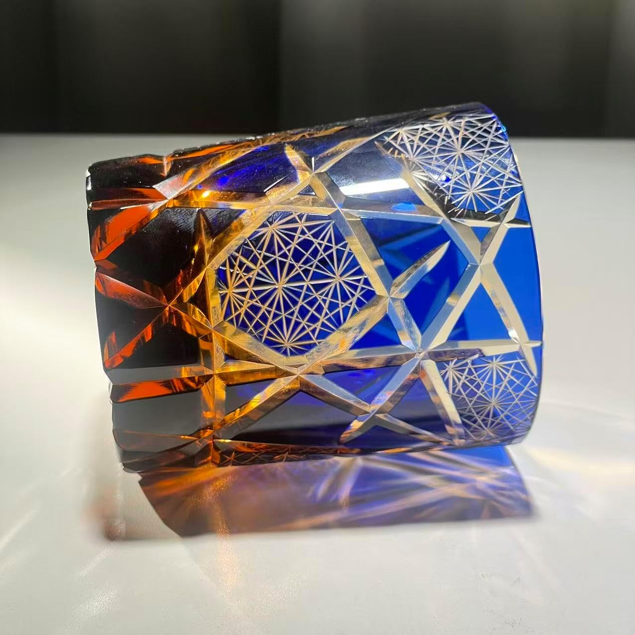 Crystal Cut Whiskey Glass, Blue and Amber Geometric Pattern, Vintage Style Old Fashioned Glass (starry night 1) - Image 3