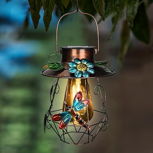 Farol solar colgante al aire libre octágono linterna jardín pared retro metal decorativo LED solar flor libélula lámpara con asa para mesa, patio,