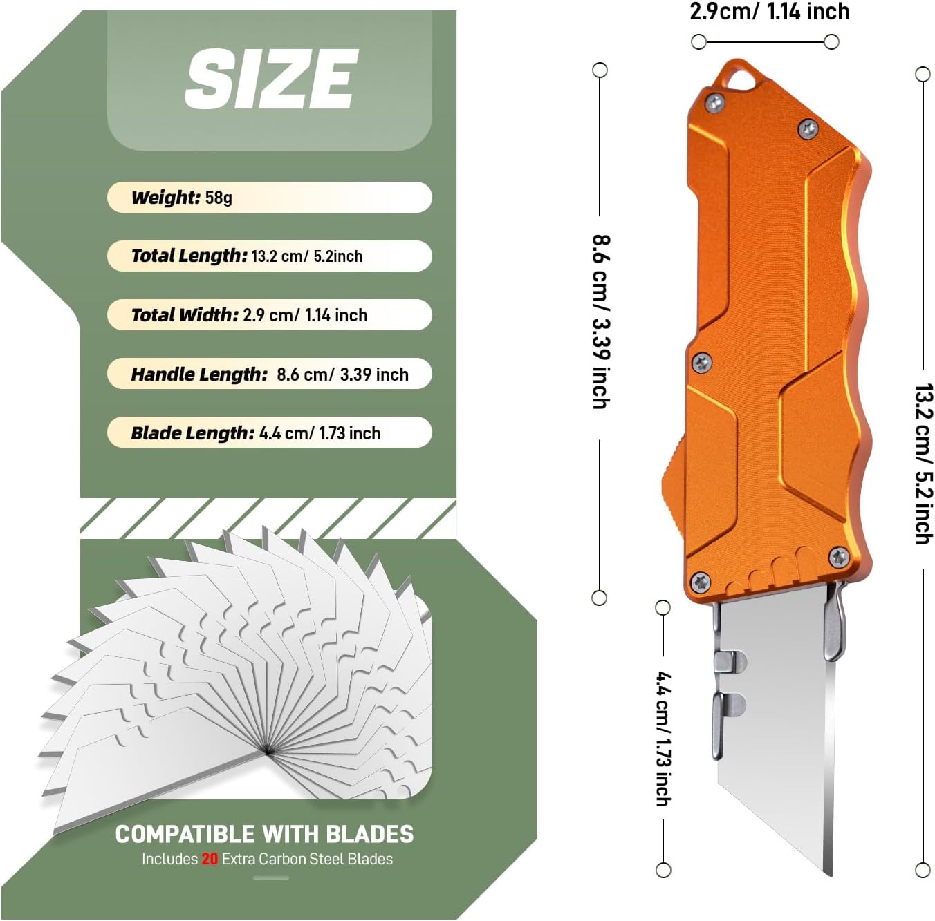 XXOK Automatic utility Knife EDC Auto Box Cutters Retractable Heavy Duty Cardboard Cutter Replaceable Blade Pocket Knife With Clip With 20pcs Spare Blades Orange