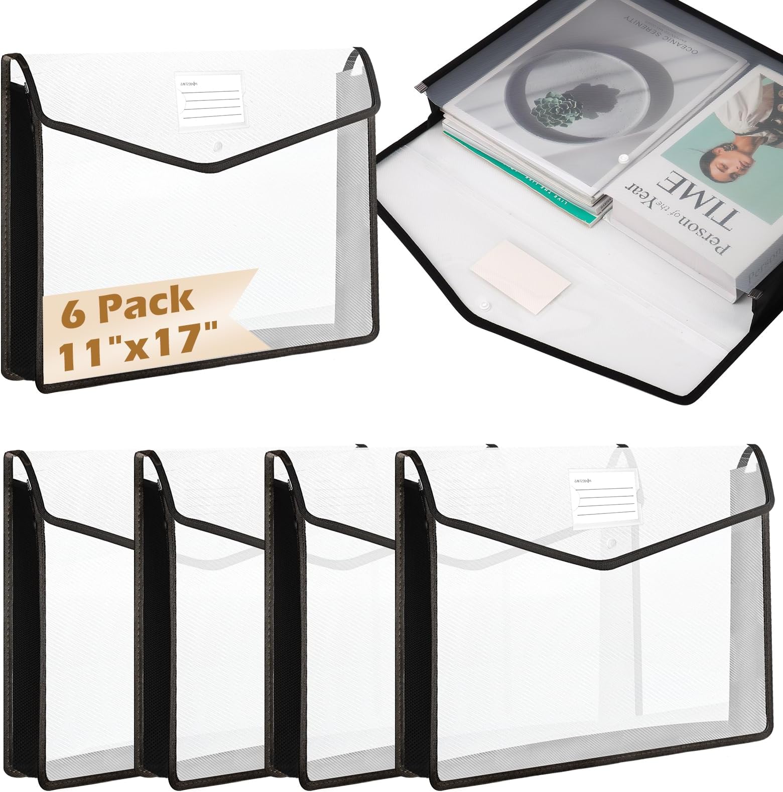 6 PCS 11 x 17 Inch Expandable Tabloid Size Document Folder with Label A3 Plastic Folders for Documents Black Expanding File Wallet Envelope Size Waterproof Clear Plastic File Pouch for Office