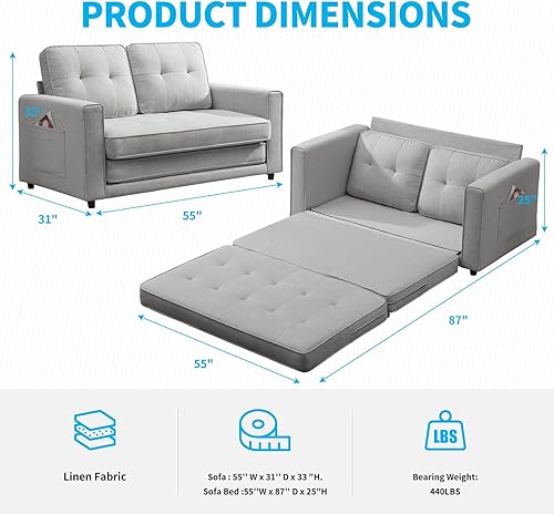 Miniatura 12 de Mjkone Sofá cama plegable convertible de 55 pulgadas de ancho para juegos, tela de lino, plegable, tapizado, con bolsillos laterales, sofá cama Gris