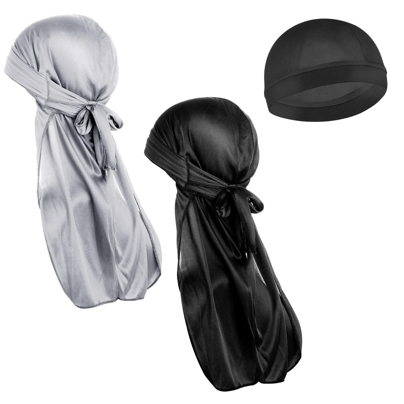 3Pcs Silky Durags for Men Women Waves Elastic Wave Cap Silky Durag Caps with Long Tail Headwraps Satin