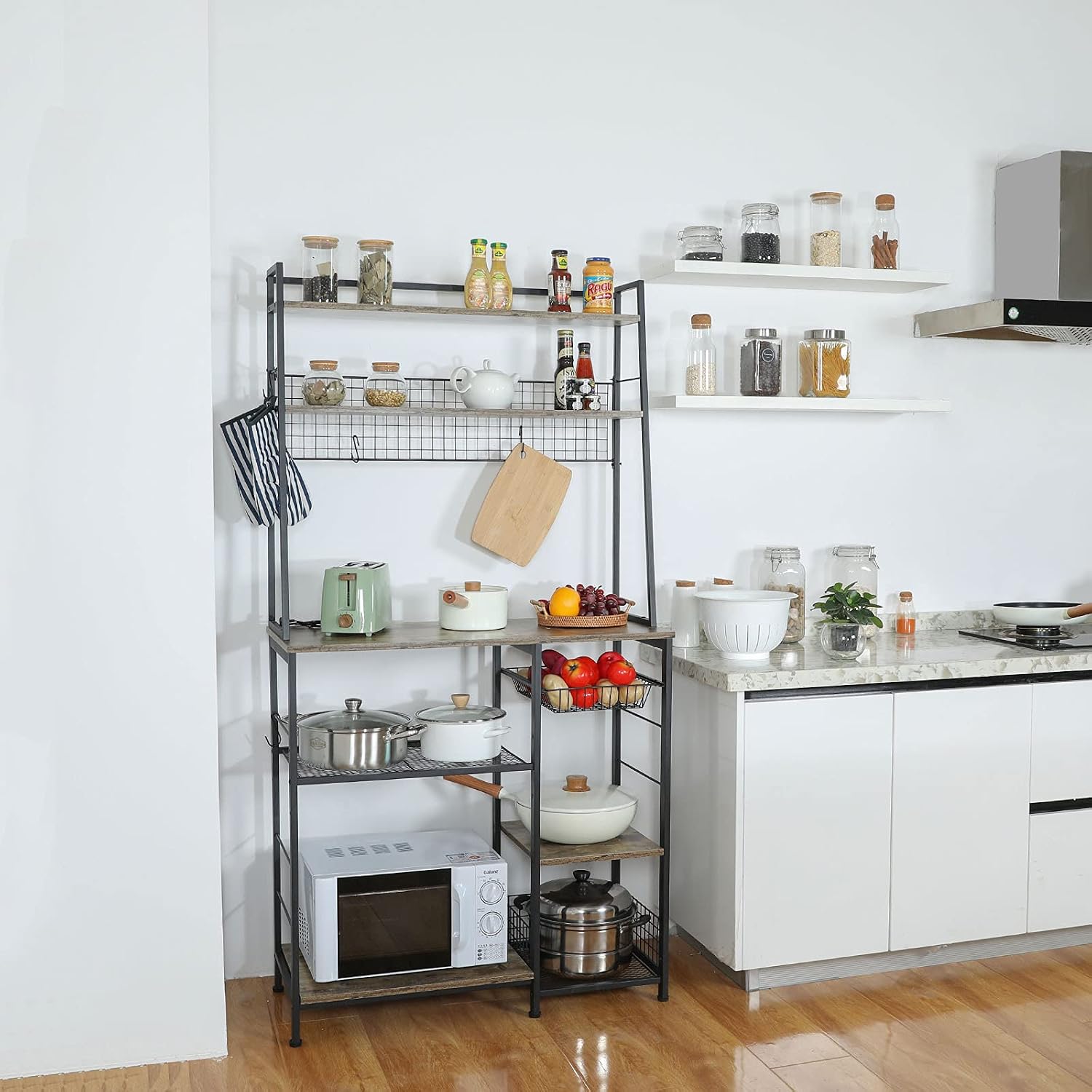 Kitchen Baker’s Rack with Storage Coffee Bar Station, 68inch Microwave Oven Stand with Pull-out Wire Basket 12 Hooks,5 Tier Storage Shelf with Mesh Panels for Utensils, Pots, Pans, Spices