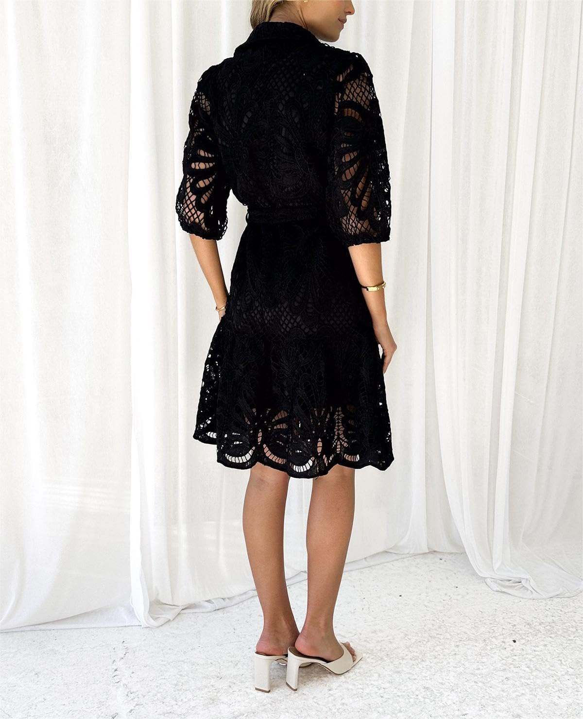 Women's Summer Hollow Out Lace Mini Dress Lantern Sleeve Lapel Button Ruffle Casual Beach Party Dresses - Image 5