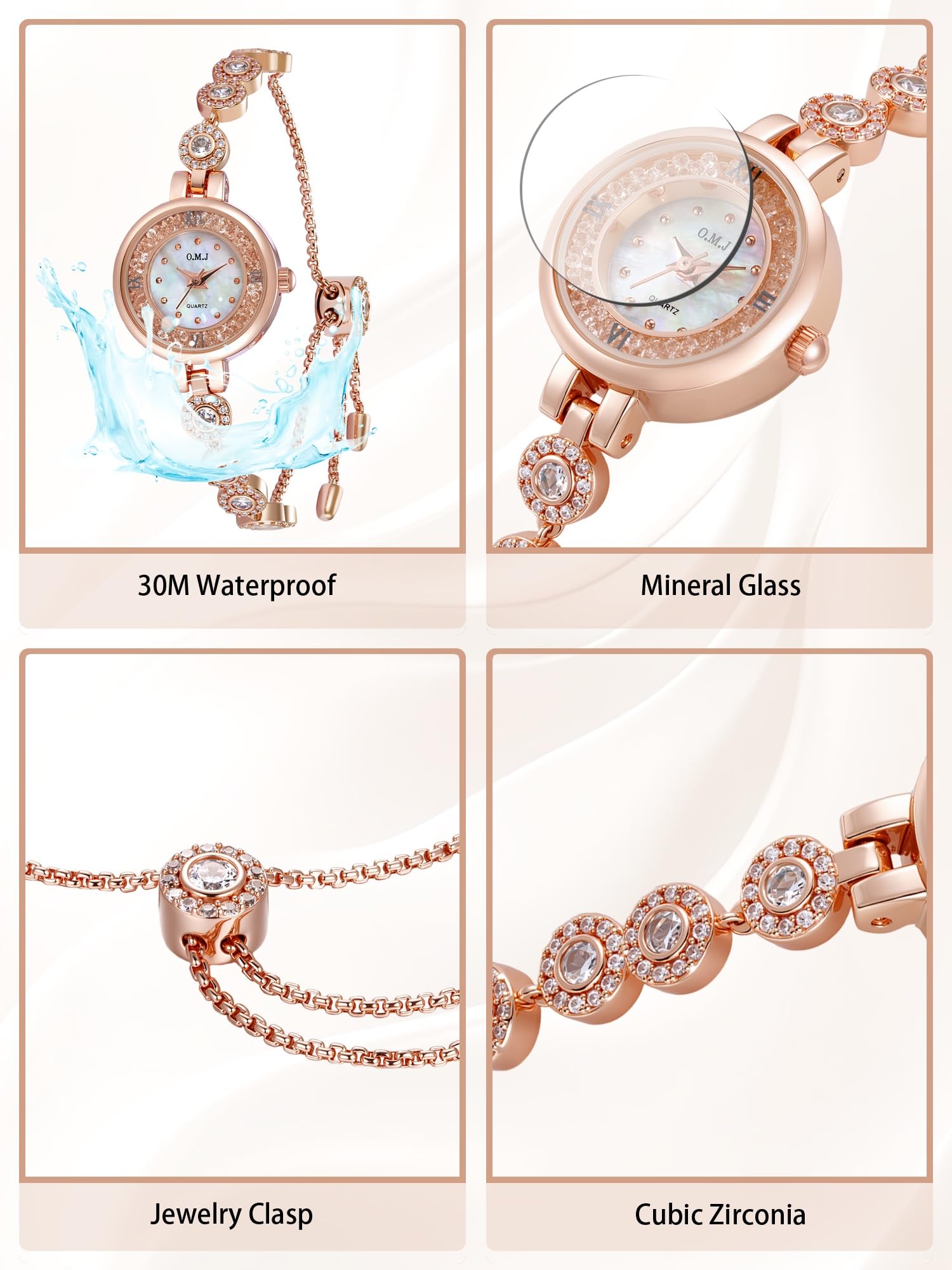 O.M.J Reloj para mujer de oro rosa con esfera de nácar y piedra natal con detalles de cristal