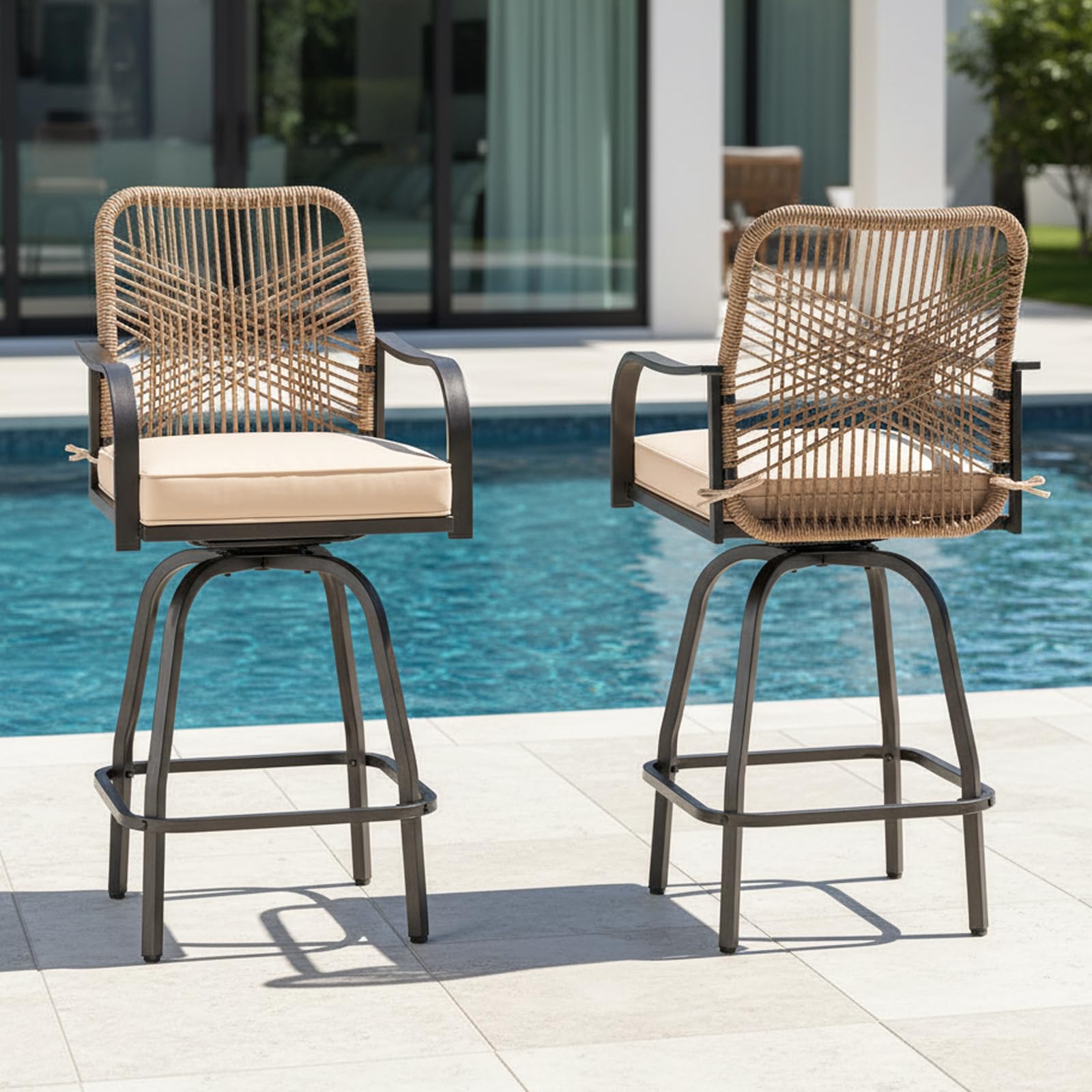 Set of two khaki rattan wicker swivel bar stools with curved backrests