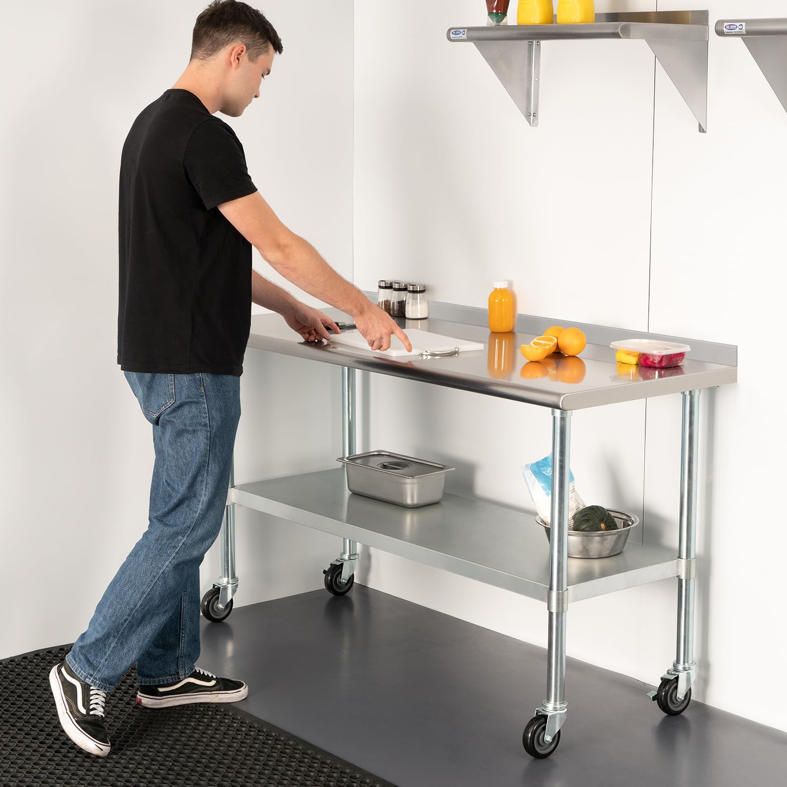 HARDURA Stainless Steel Table with Wheels 30X72 Inches NSF Heavy Duty Commercial Prep Table with 2'' Backsplash and Adjustable Undershelf for Food Prep