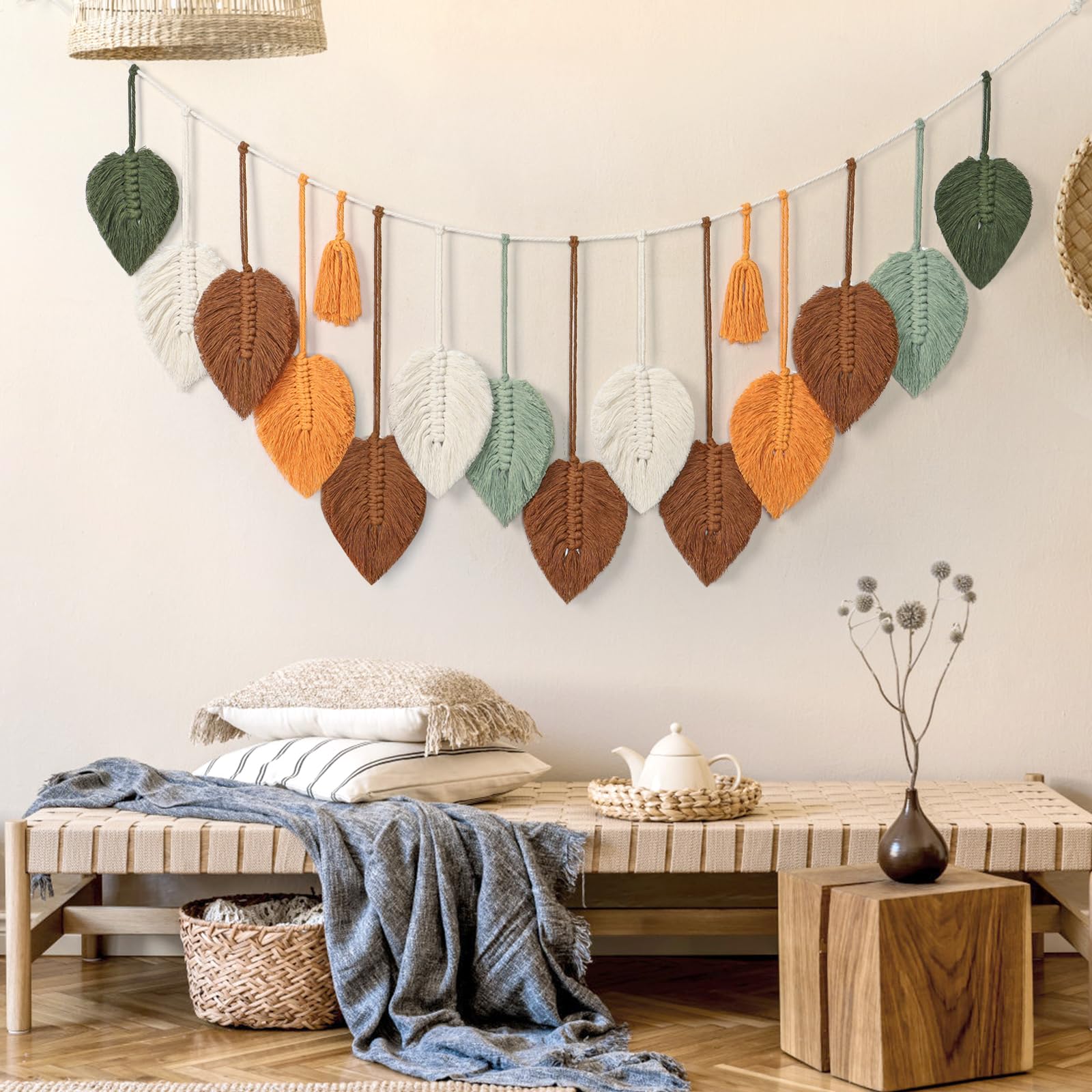Betylifoy Arazzo da parete in macramè con foglie, decorazione bohémien per cameretta, camera da letto e soggiorno