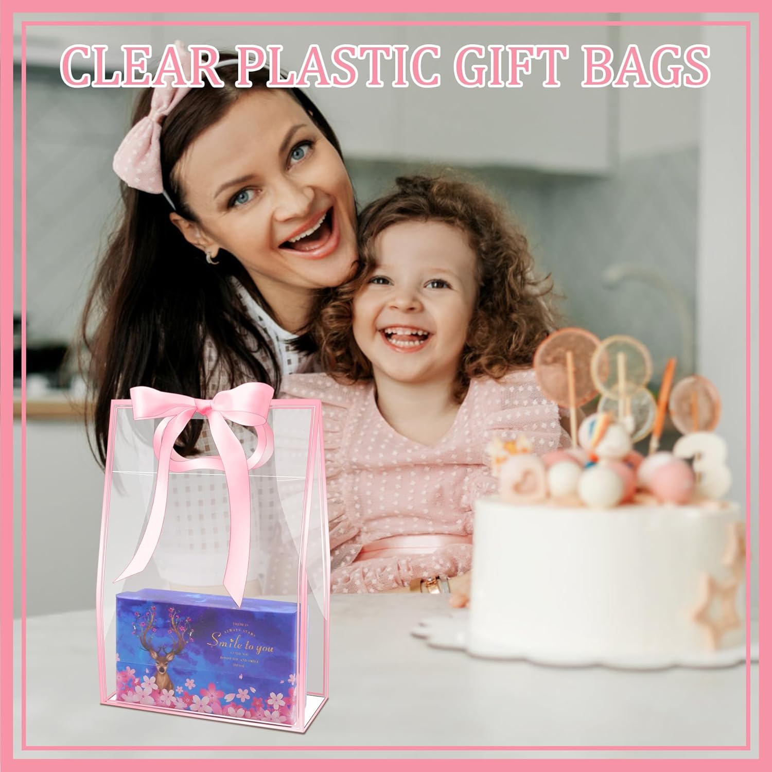 15Pack Clear Plastic Gift Bags with Handle,Reusable PP Gift Wrap Tote Bags with Ribbon for Wedding Bridal Birthday Party Baby Shower Goodies Graduation Shopping Business, 7x10x3.15 Inch (Pink) - Image 4