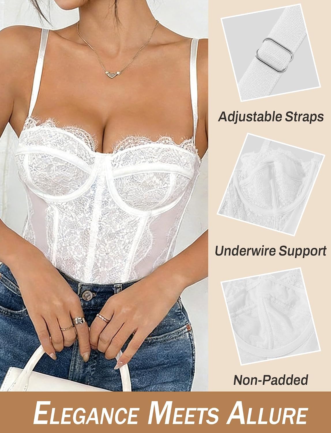 FEOYA Lingerie for Women Lace Bodysuit Soft Spaghetti Strap Bustier Corset Tops Cami Outfits XS-XL