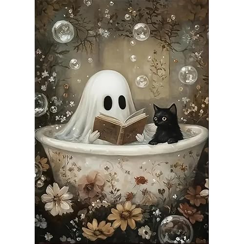 LKHMVCA Halloween Ghost Read Cat Flower Paint by Number Kits for Adults, DIY Paint by Numbers Kits for Adults Beginners Without Frame, Acrylic Paint Canvas Painting Kits Art for Home Decor 16x20 Inch