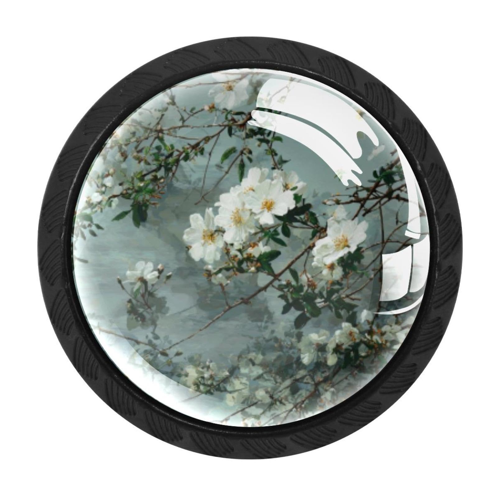 CHENZZZZ 4 Pack Branches and White Flowers (3) Dresser Drawer Cabinet Knobs Black Round Drawer Knob Pull Handle with Screws for Kitchen Wardrobe Cupboard Furniture Decor