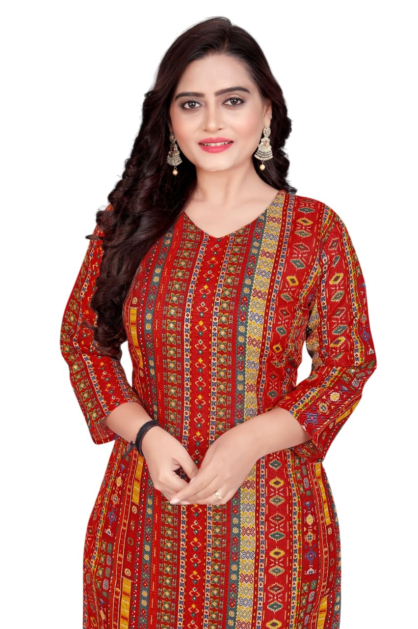 V-Neck Straight Cotton Blend Red Kurtis for Women's-image-24
