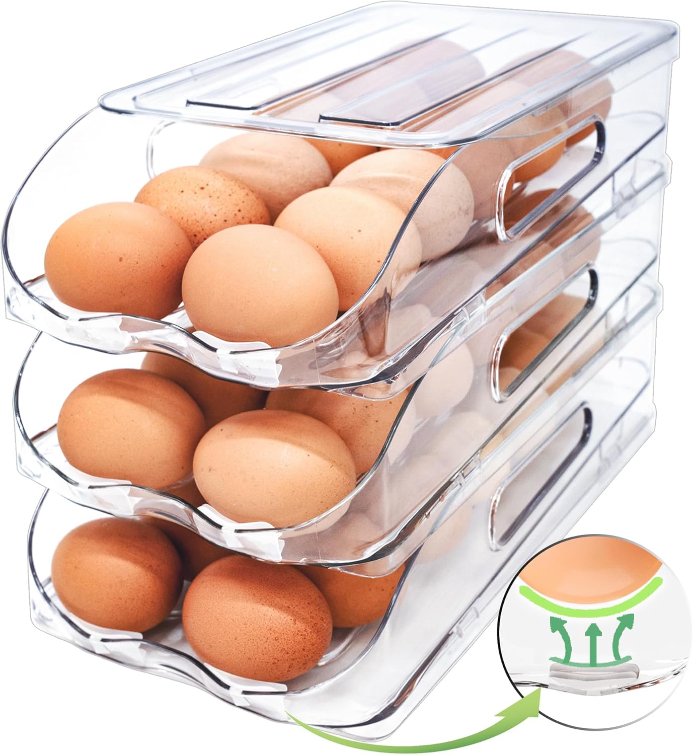 Egg Holder for Fridge, Automatic Steady Rolling Egg Container with Soft Bumpers & Handle for Refrigerator, Stackable Fridge Organizers and Storage with Lid