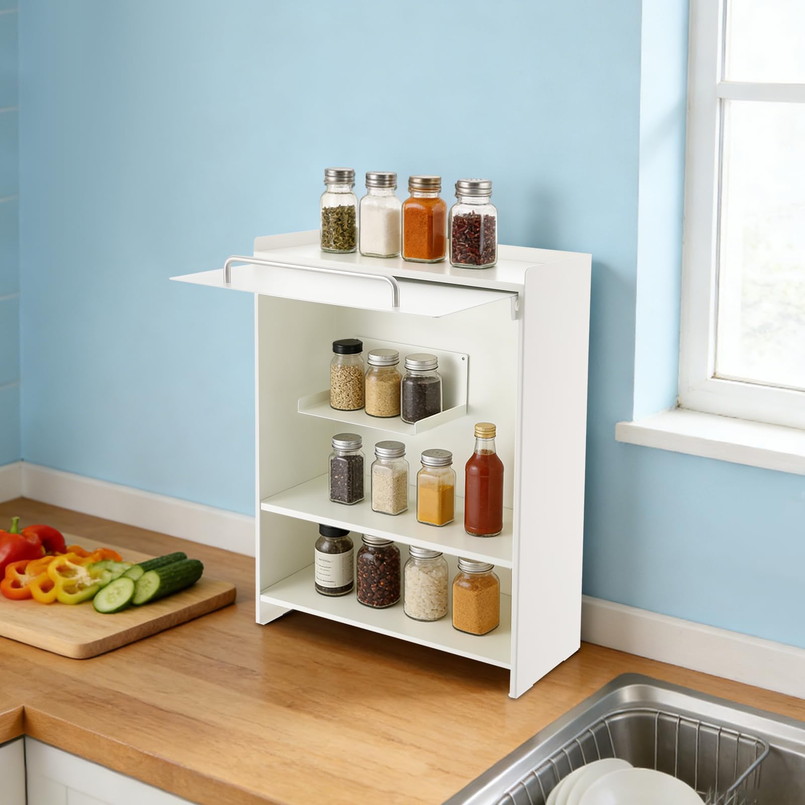 Scaffale portaspezie compatto per piano di lavoro, scaffale da cucina con coperchio scorrevole, 2 ripiani, magnetico, 37,5 x 16 x 49,5 cm, bianco, metallo/laccato, salvaspazio, per spezie