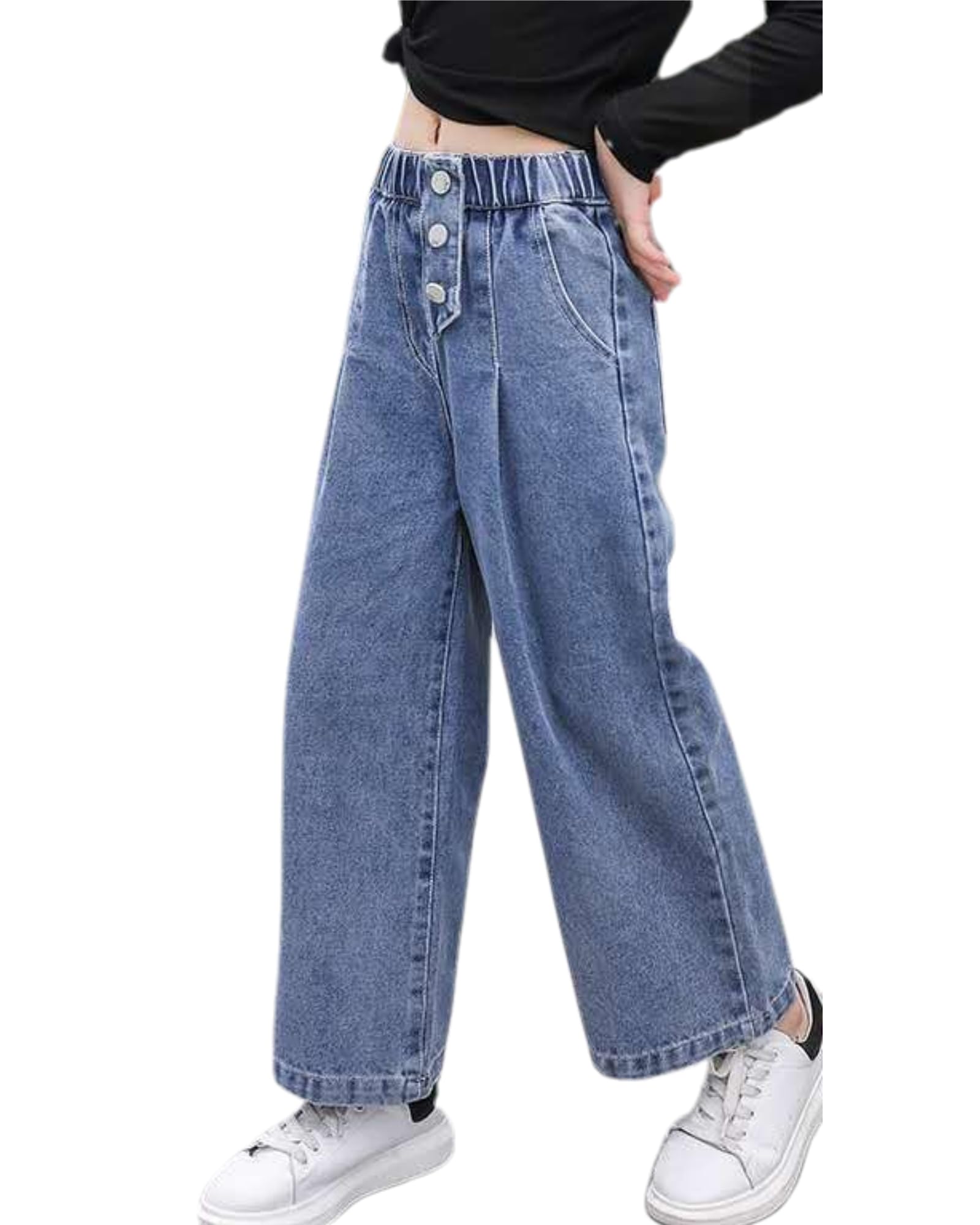 Rolanko Mädchen Jean Hosen Loch Denim Blau Jeans, Vintage Hose mit weitem Bein für Kinder Fit, Multi Buttons, Größe: 11-12 Jahre/160