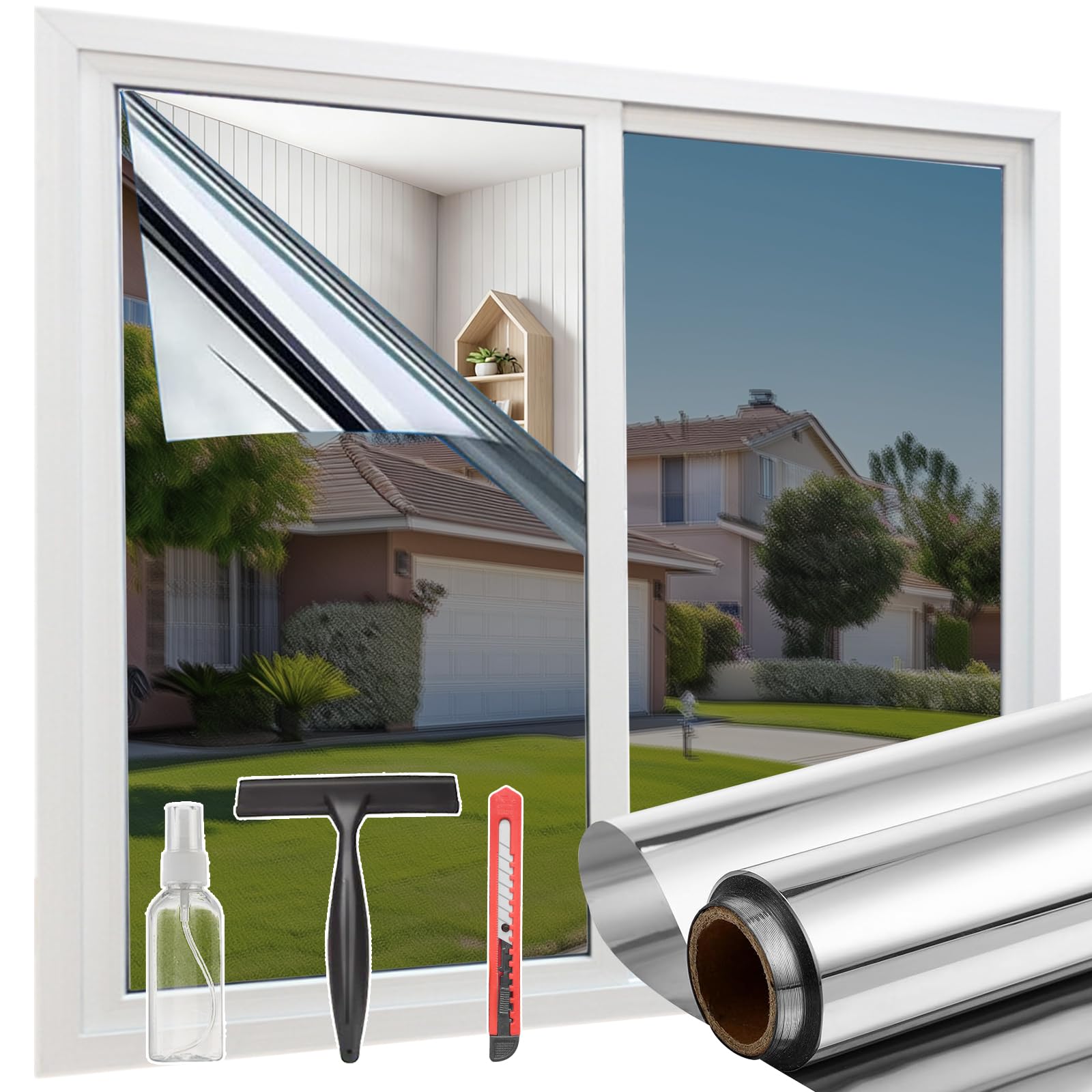 aboveBED Spiegelfolie Fenster Sichtschutz 75X200, Selbstklebende Fensterfolie Sonnenschutz für Innen & Außen, UV-Schutz & Hitzeschutz, Silber, ideal für Schlafzimmer & Büro