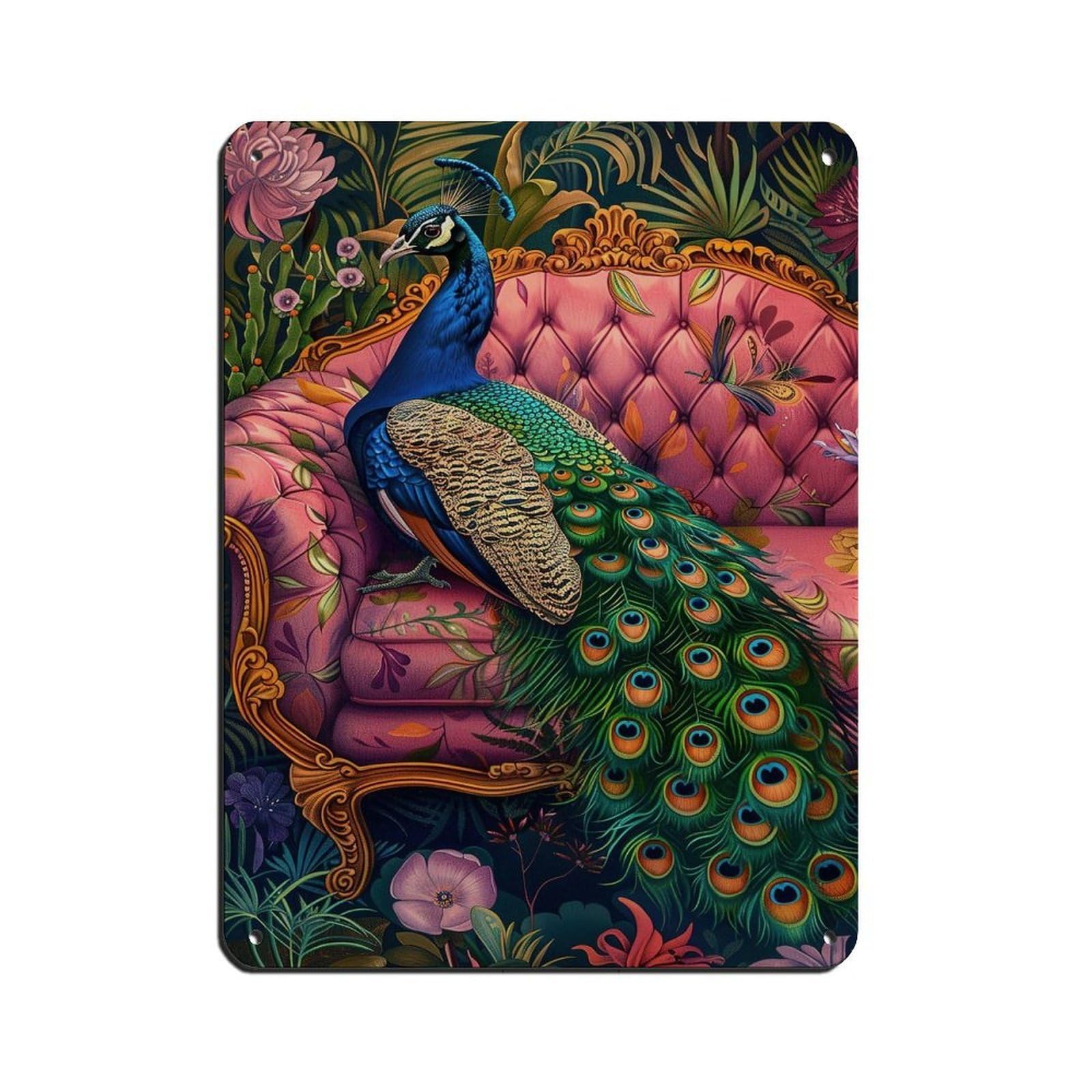 Tropical Peacock on Sofa Poster Peacock Retro Poster Metal Tin Sign Chic Art Retro Iron Painting Bar People Cave Cafe Family Garage Poster Wall Decoration 12x16inch(30x40cm)
