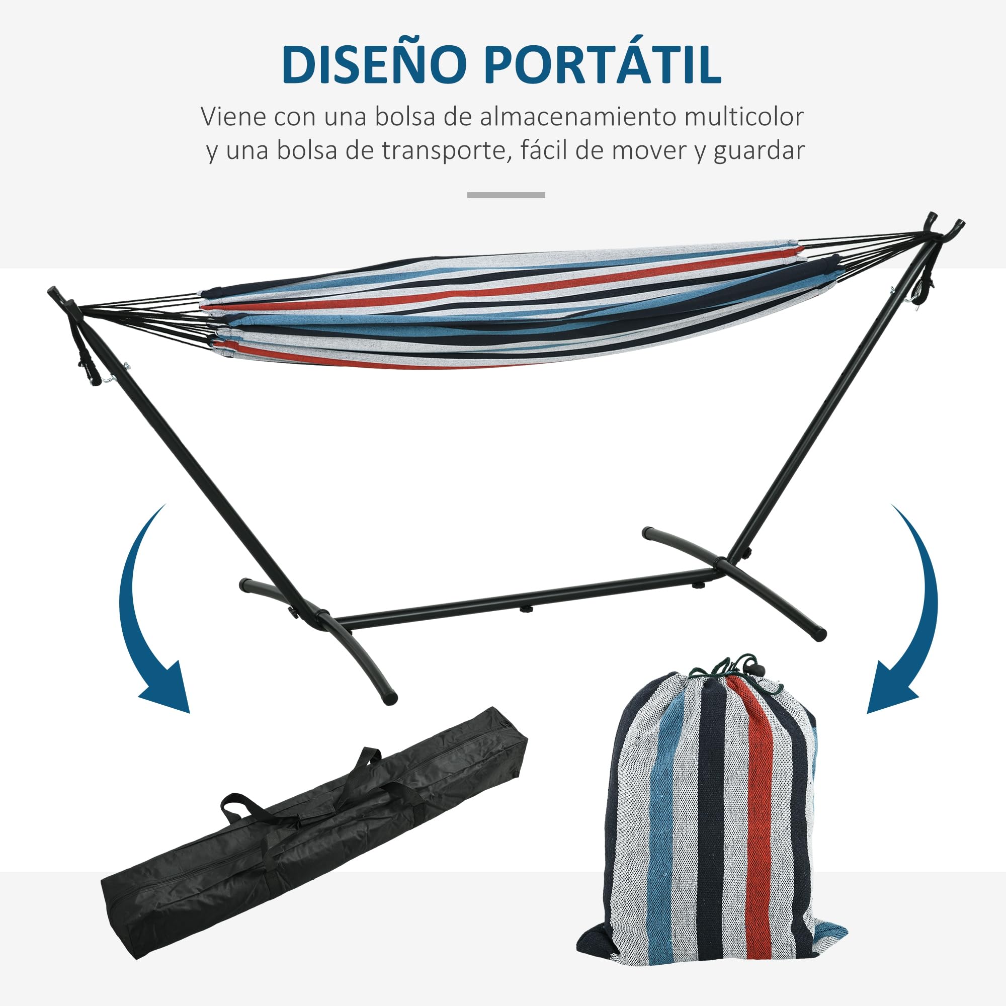 Outsunny Hamaca con Soporte 310x117 cm Hamaca de Camping con Bolsa de Transporte Portátil Altura Ajustable Carga 120 kg para Patio Terraza Rayas Azul y Blanco
