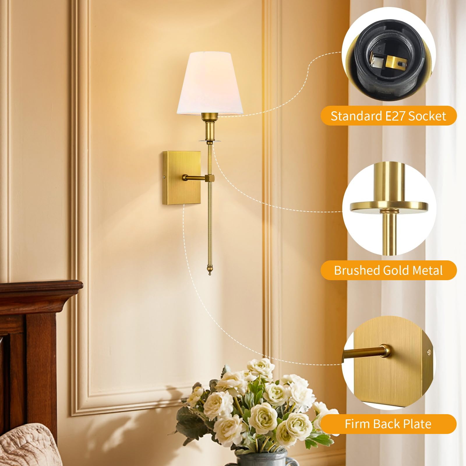 LED Apliques de Pared Interior con Mando Distancia Regulable RGB Lámpara de Pared Recargables USB Iluminación de Pared con Pantalla de Tela para Dormitorio Salón Pasillo (Círculo Dorado,1 Pieza)