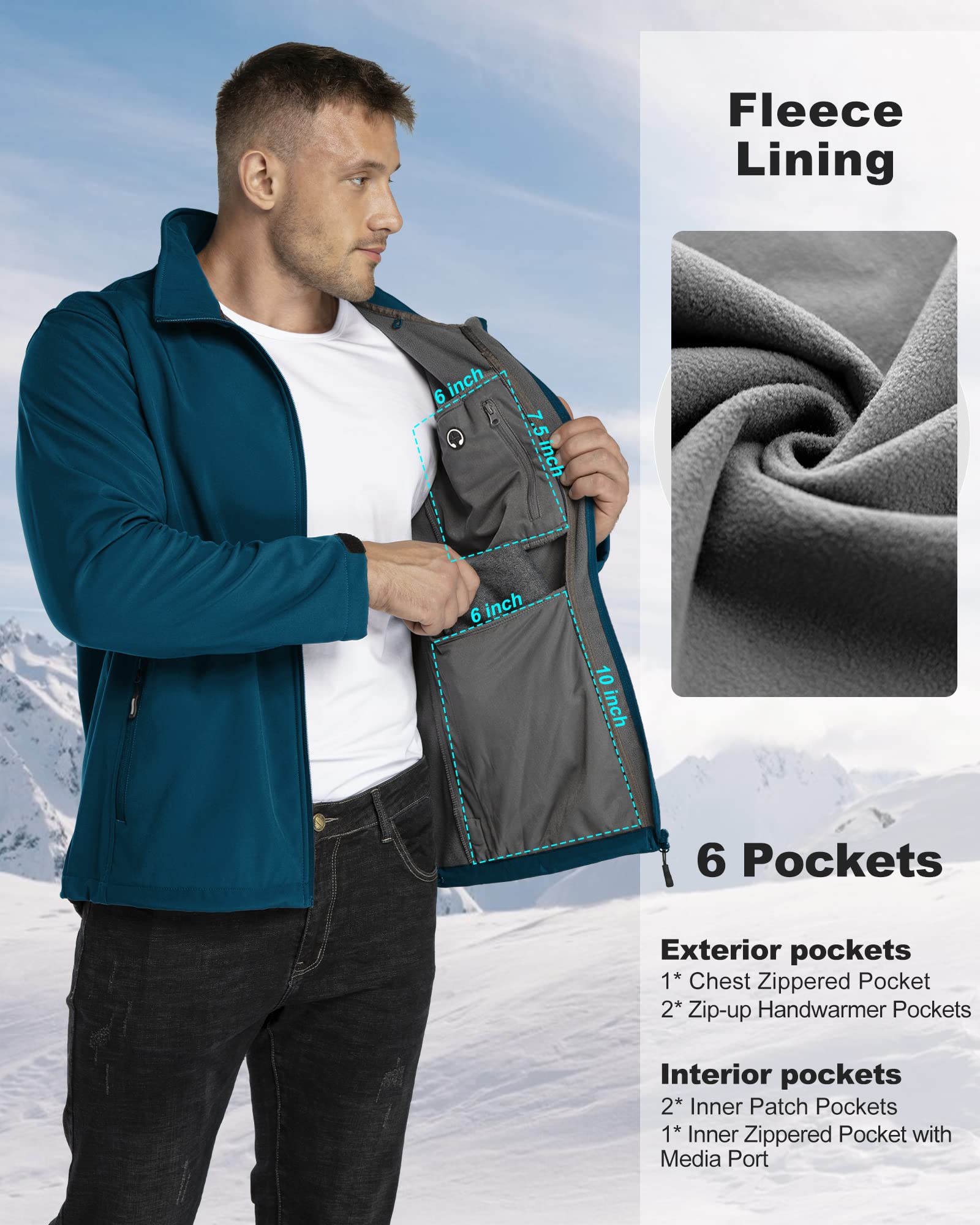 33,000ft Chaqueta softshell para hombre, resistente al agua, cortavientos, forro polar, chaqueta funcional para senderismo, bicicleta, camping