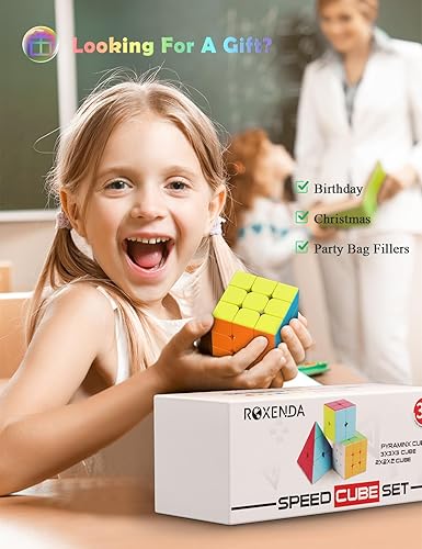 Vista 4 de ROXENDA Juego de cubos de velocidad, cubo mágico de 2 x 2 x 2, 3 x 3 x 3 pulgadas, cubo de rompecabezas liso (sin cosquilla)