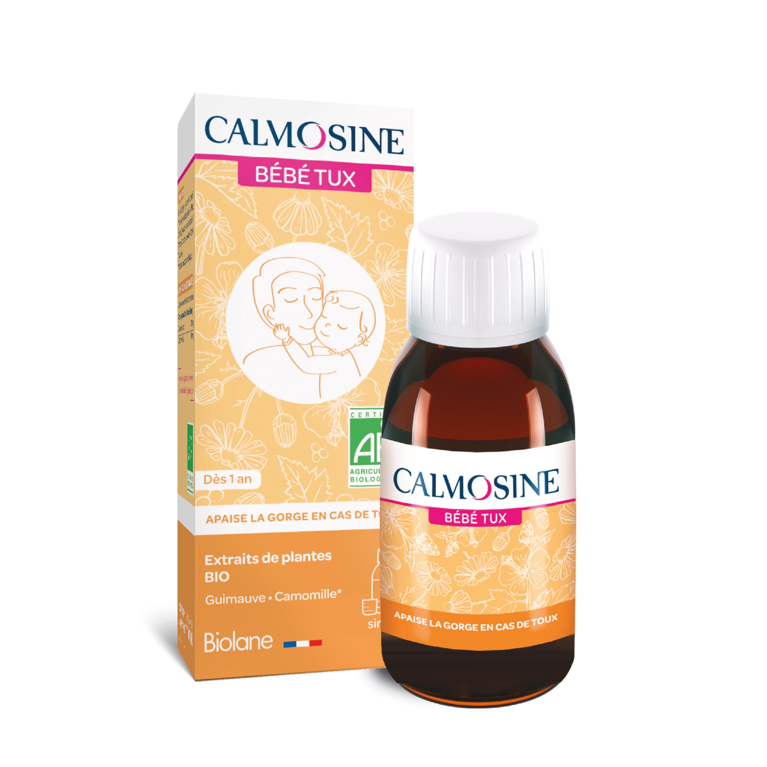 Calmosine - Bébé Tux - Calme la toux - Apaise les irritations de la gorge - Guimauve et Camomille et Raisin - Dès 1 an -​Sirop de 100ml - Fabriqué en France
