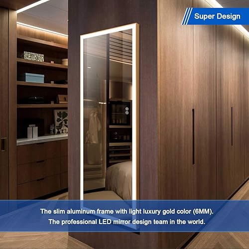 Miniatura 5 de Espejo LED de longitud completa, espejo de tocador grande con botón táctil, 64 x 24 pulgadas, luz enmarcada dorada de lujo, regulable, enchufable,