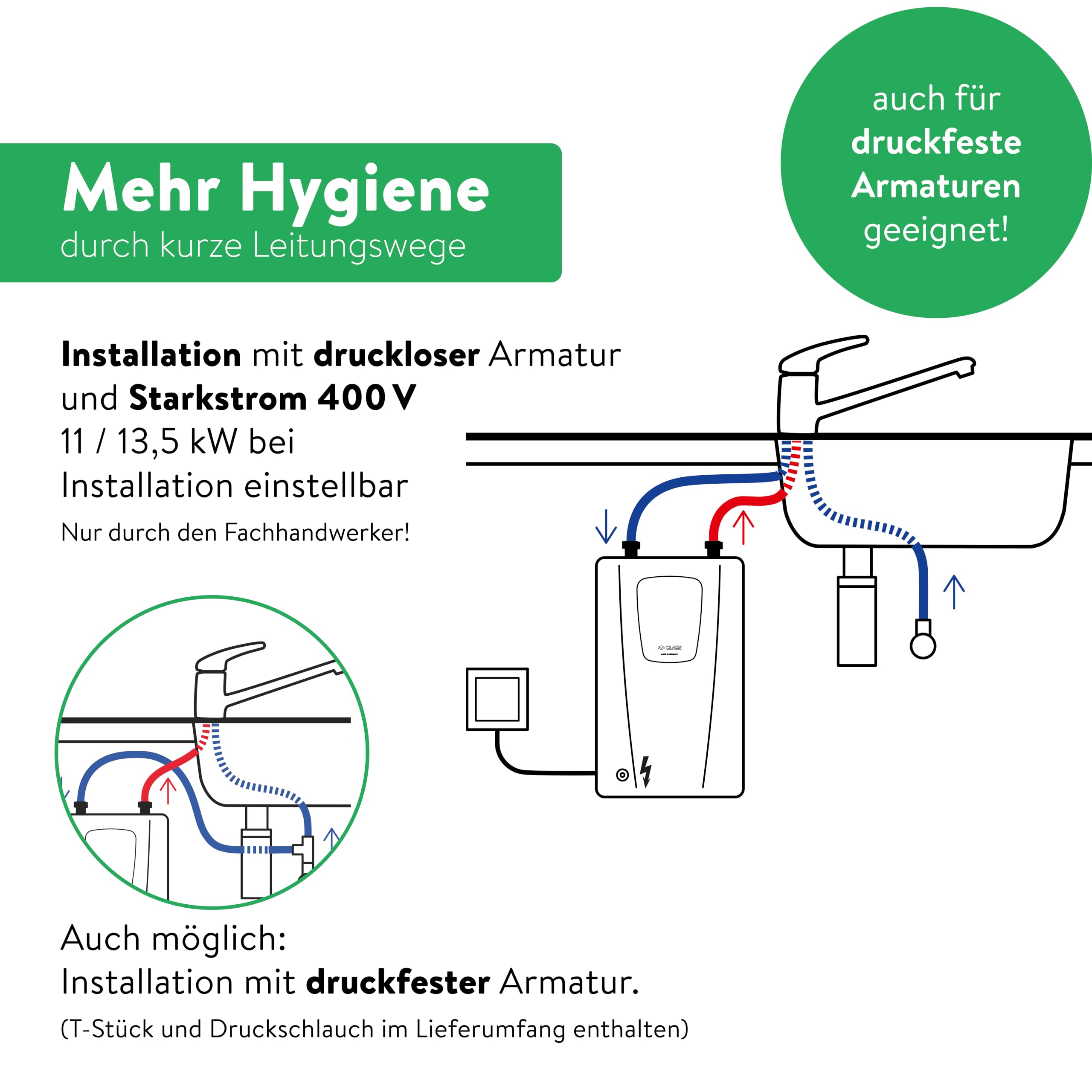 CLAGE CFX-U elektronischer Küchen-Durchlauferhitzer, 11–13,5 kW 400V, mit Fernbedienung, komfortable Temperatureinstellung, schlankes Design zur Untertischmontage, VDE-GS geprüft [Energieklasse A]