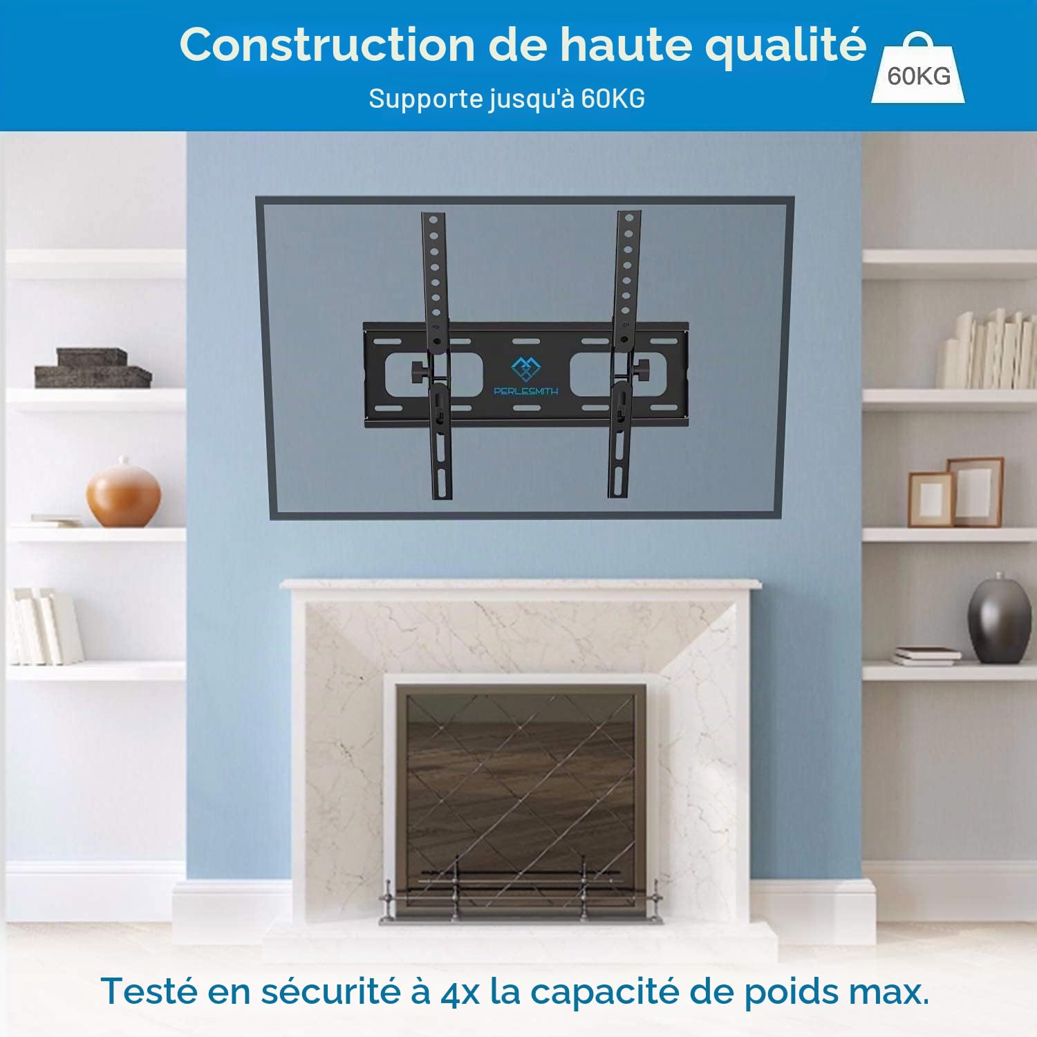 PERLESMITH Support Mural TV avec Inclinaison sans Outil pour la Plupart des Téléviseurs Plats & Incurvés LCD, OLED de 26-65 Pouces, Support TV Inclinable avec Max VESA 400x400mm, Capacité Max de 60 kg