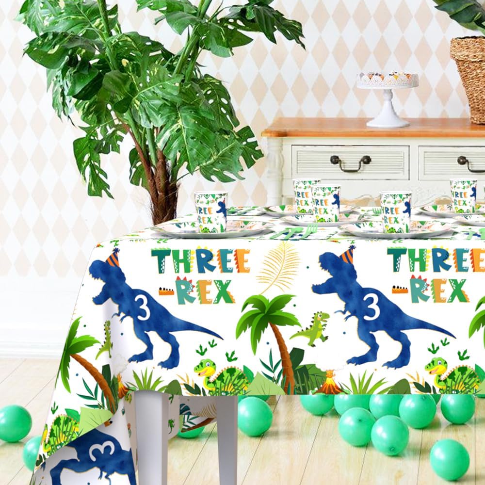 AIBIIN 194pcs Three Rex Birthday Decorations for Boy 3rd Birthday Party Plates, Cup, Napkin, Tablecloth, Tableware, Dinosaur 3 year old Birthday Party Supplies Plates Serve 24 Guests