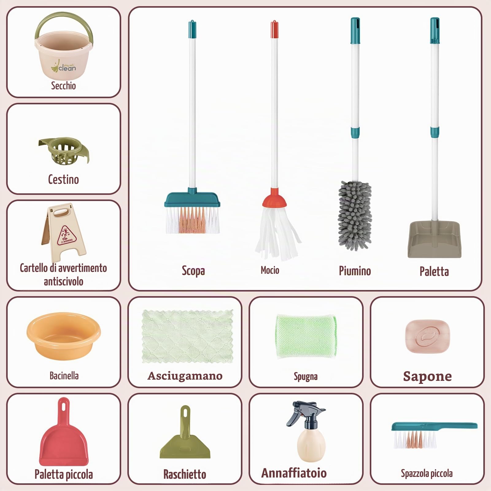 deAO Kit di Pulizia per Bambini, Carrello di Pulizia Staccabile con Scopa, Paletta, Spruzzatore, Giocattoli per Bambini, Gioco di Ruolo, Regalo 3 Anni+