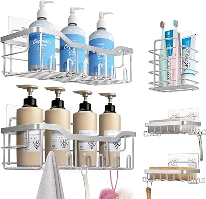 Set Mensole Doccia 5 Pezzi - Acciaio Inox 304, Senza Foratura, Grigio Argento - Foto 9