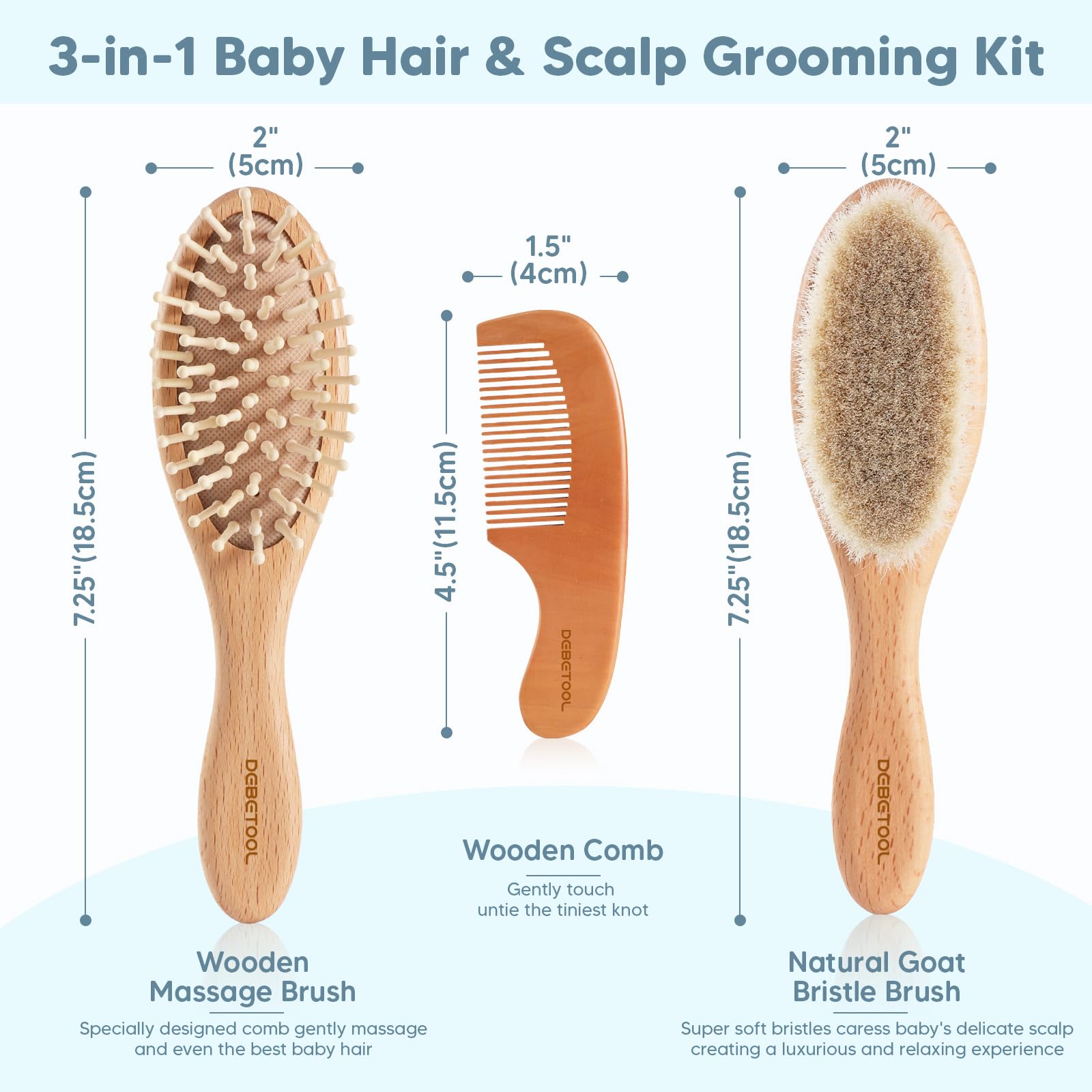 DEBETOOL Baby Hair Brush and Comb Set for Newborns & Toddlers - Wooden Baby Brush Set With Soft Goat Bristle and Toddler Comb, Ideal for Cradle Cap