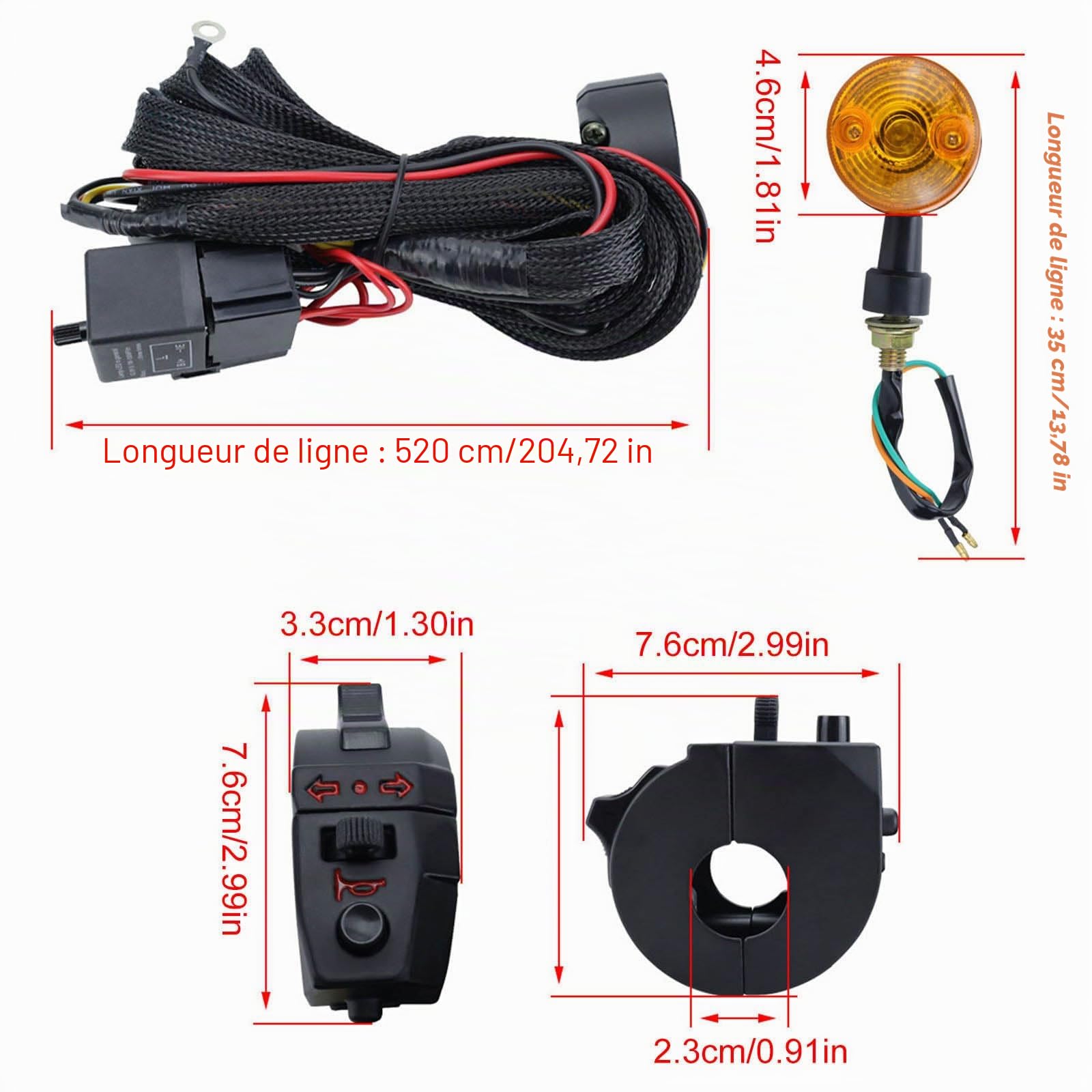 Kit de feux de clignotant pour moto avec faisceau de câblage fini et clignotant, installation facile et utilisation à long terme