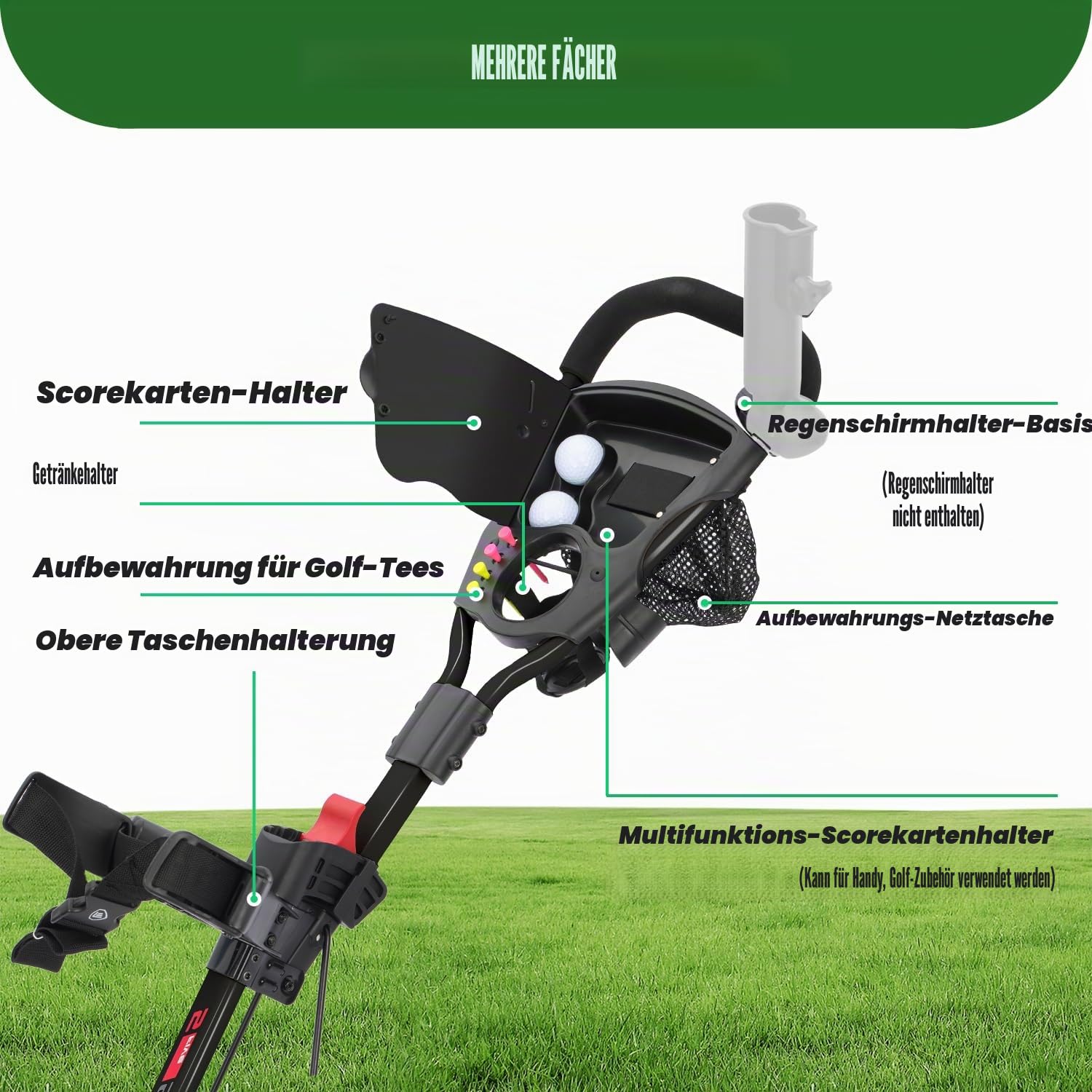 XDriveMax Golf Trolley 3 Rad,Golftrolley Klappbar,Leichter Golf Trolleys für Golfschläger und Golfbag, mit Getränkehalter,Scorekartenhalter und Ablagefach(schwarz)