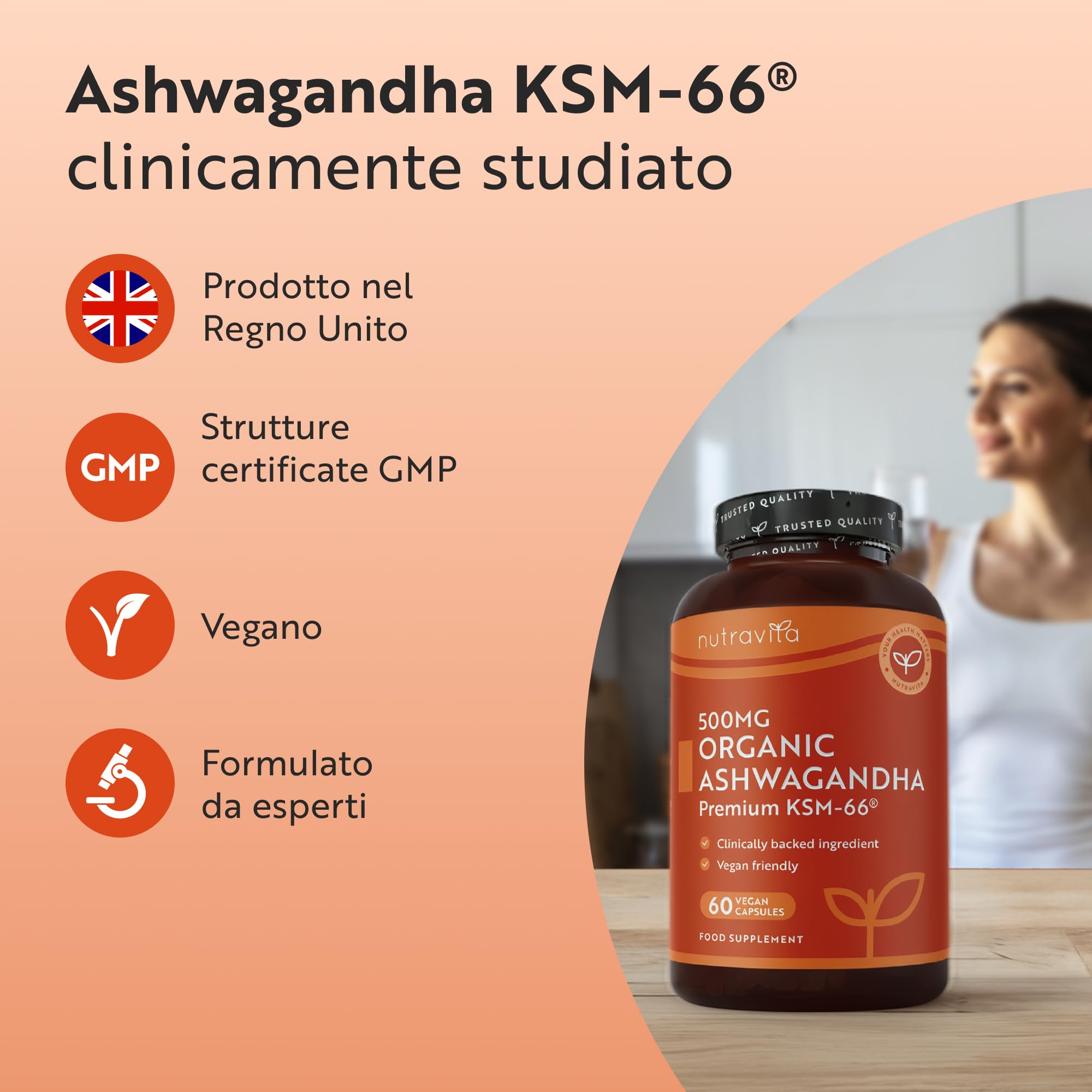 Nutravita Ashwagandha Bio 500mg - 60 Capsule Vegane - Integratore Ashwagandha KSM-66 Pura - Bio Certificata Ashwaganda - Withania Somnifera (Ginseng Indiano) - Capsule di Ashwaganda Polvere Estratta