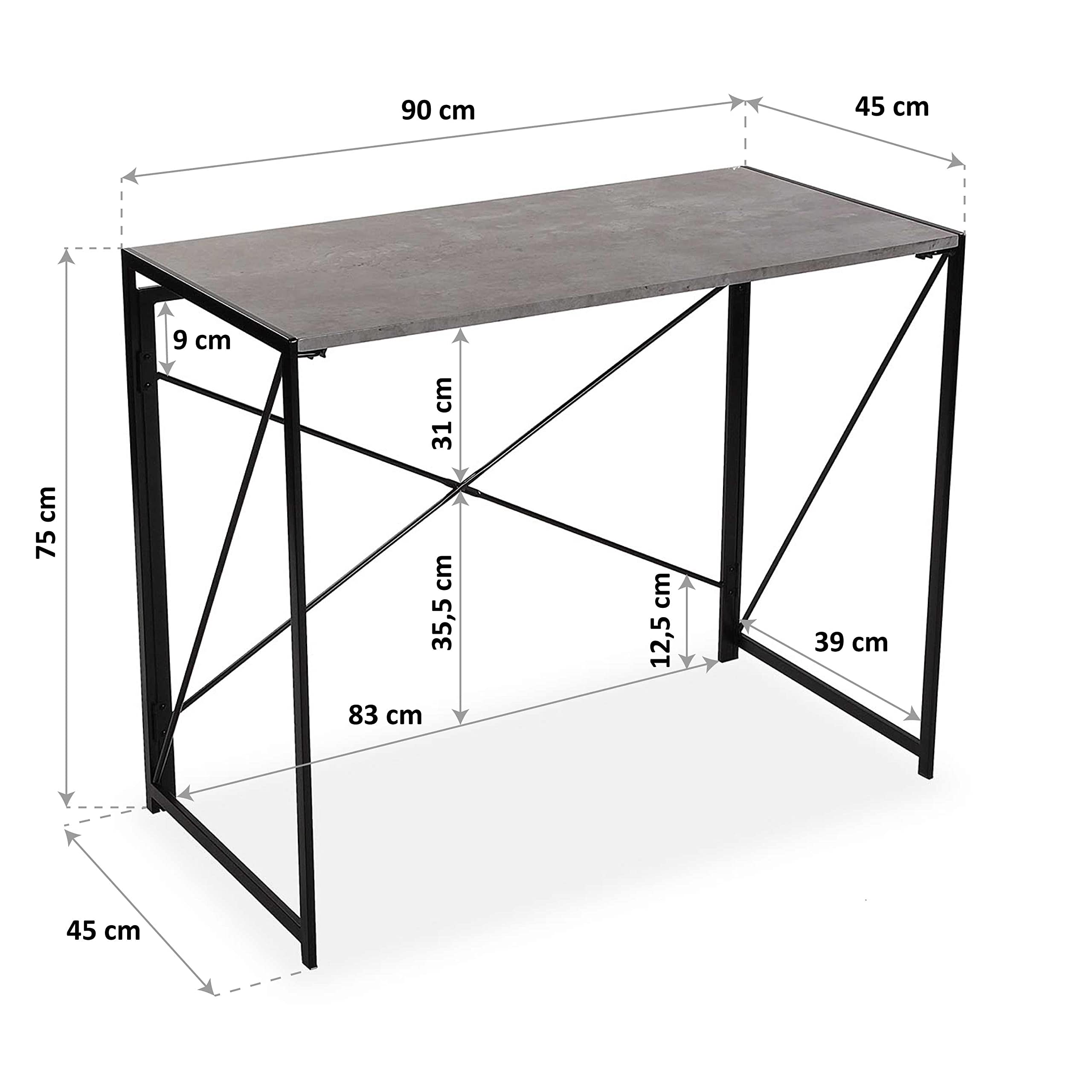 Versa Jack Escritorio Plegable para el Ordenador, Mesa para la Habitación o Estudio. Mesa Gaming, Medidas (Al x L x An) 74 x 45 x 90 cm, Madera y Metal, Color Gris