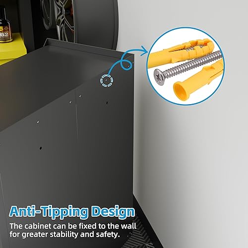 Miniatura 6 de SUXXAN Gabinete de almacenamiento de metal para garaje con 2 puertas, estantes ajustables con cerradura, práctico baúl de garaje móvil duradero,