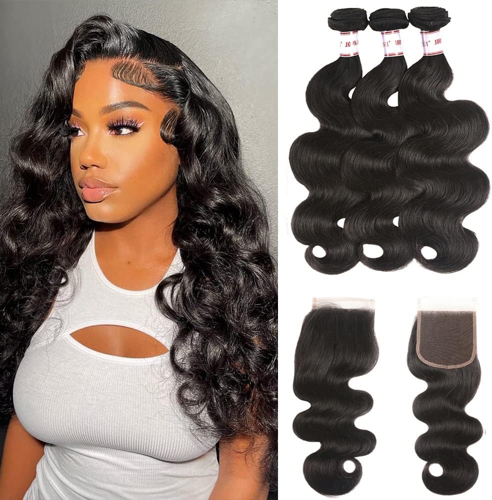 padise Karbalu 10A Brazilian Human Hair Body Wave 3 Bundles with Lace Closure 4x4 Free Part 100% Unprocessed Remy Human Hair Bundles with Closure Wet and Wavy Double Weft Natural Color (14 16 18+12)