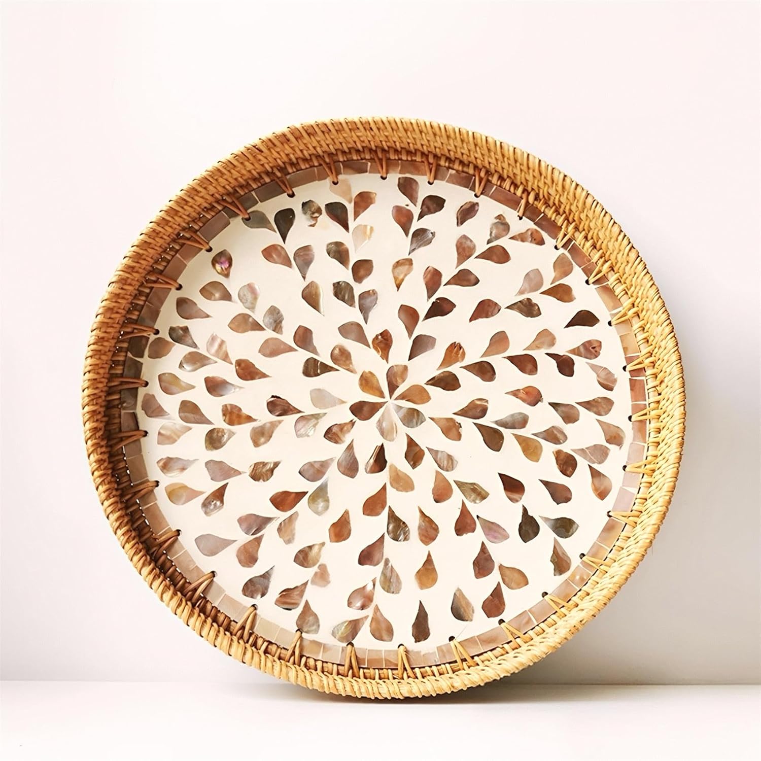 i-lan 3-Piece Round Rattan Serving Trays with Mother of Pearl Inlay – Handwoven Decorative Platters for Coffee Table, Vanity, Kitchen & Home Décor, Set