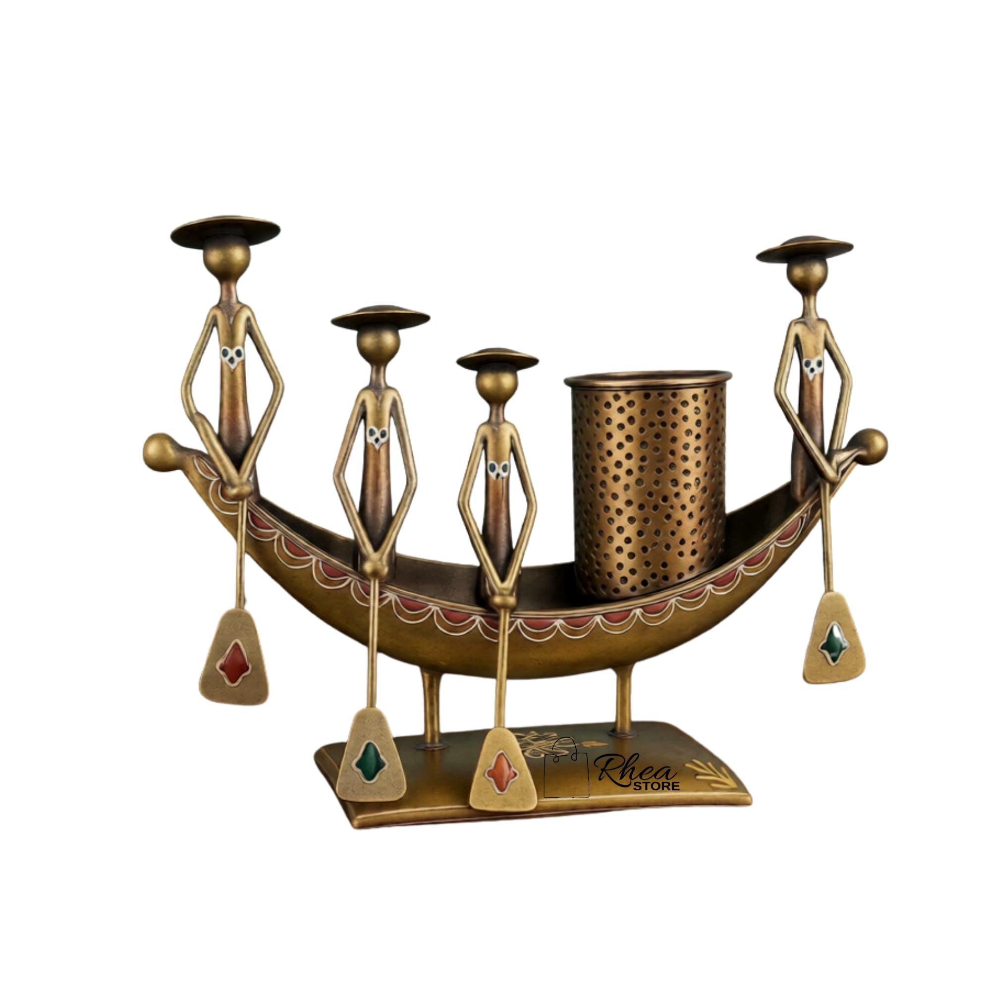 RHEA STORE Metal Office Desk Organizer with Boat Theme (Golden) β Antique Desktop Storage Stand with Pen Holder | Decora