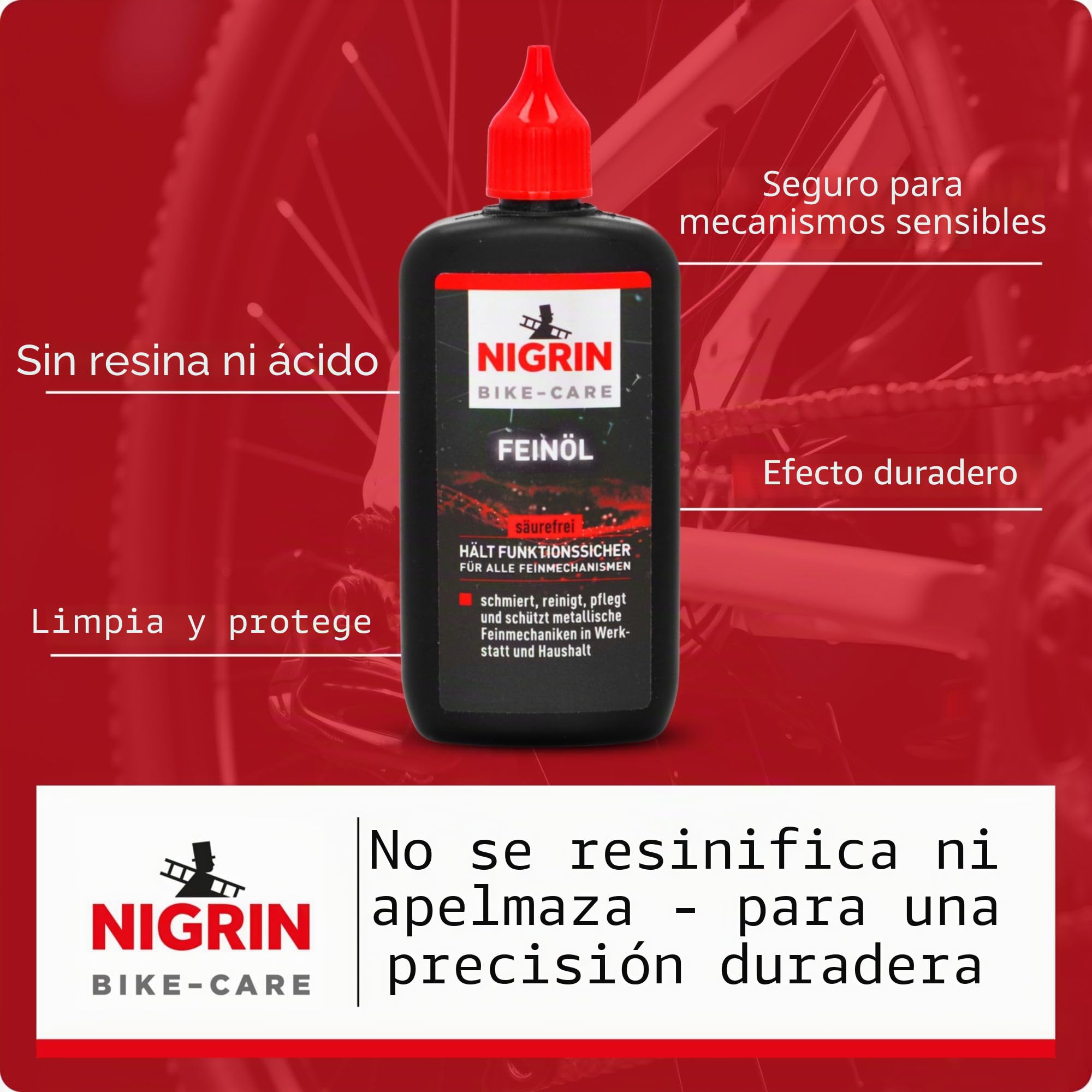 NIGRIN BIKE-CARE Aceite fino, botella de 100 ml, aceite para mecánica de precisión, para hobbies y talleres, sin resina ni ácidos, color gris