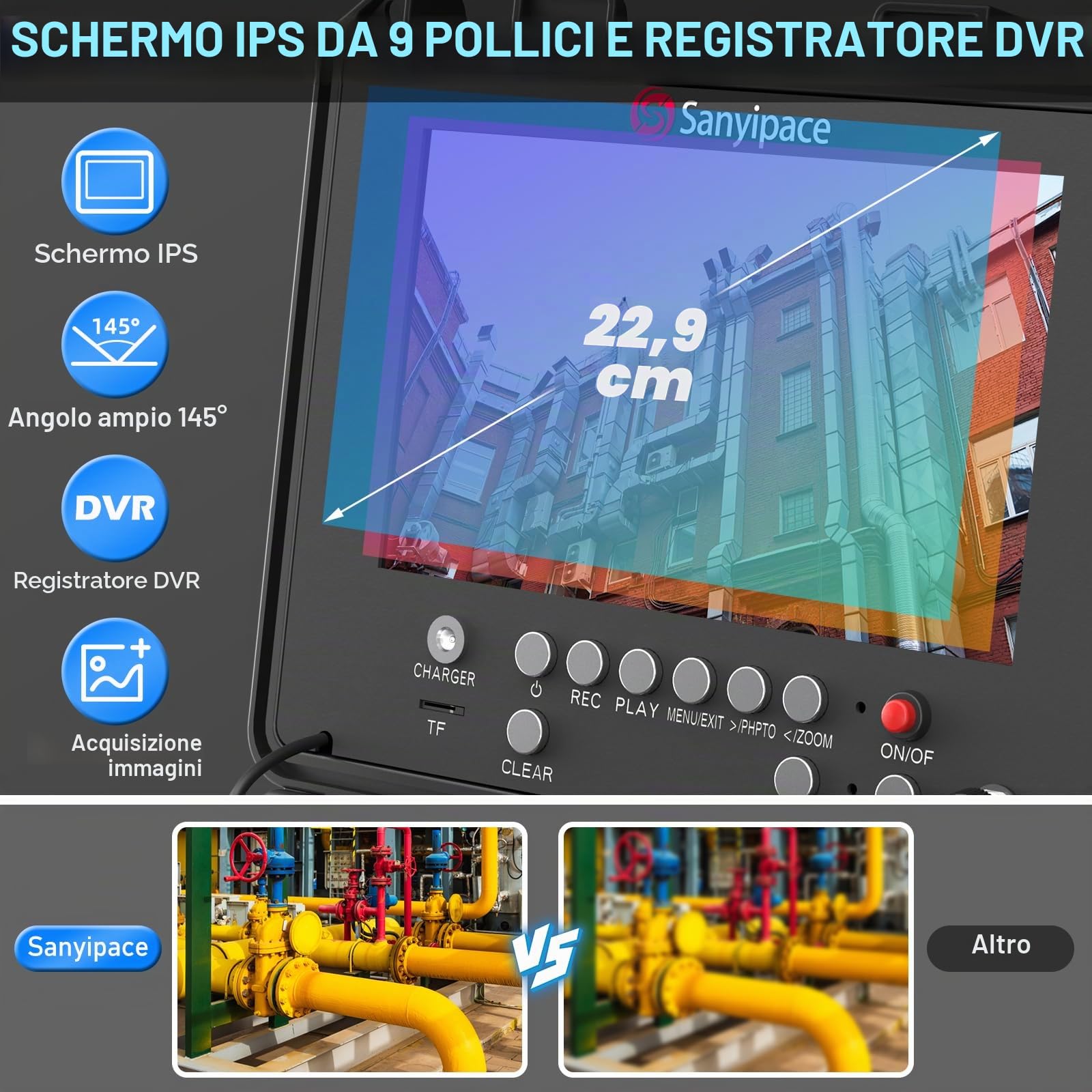 Telecamera per Ispezione tubi 30M,Sanyipace Telecamera di Ispezione tubi con DVR,IP68 Telecamera per Fognatura Impermeabile,Schermo Colori da 9" con Contatore di Distanza,Professionale Video Ispezione
