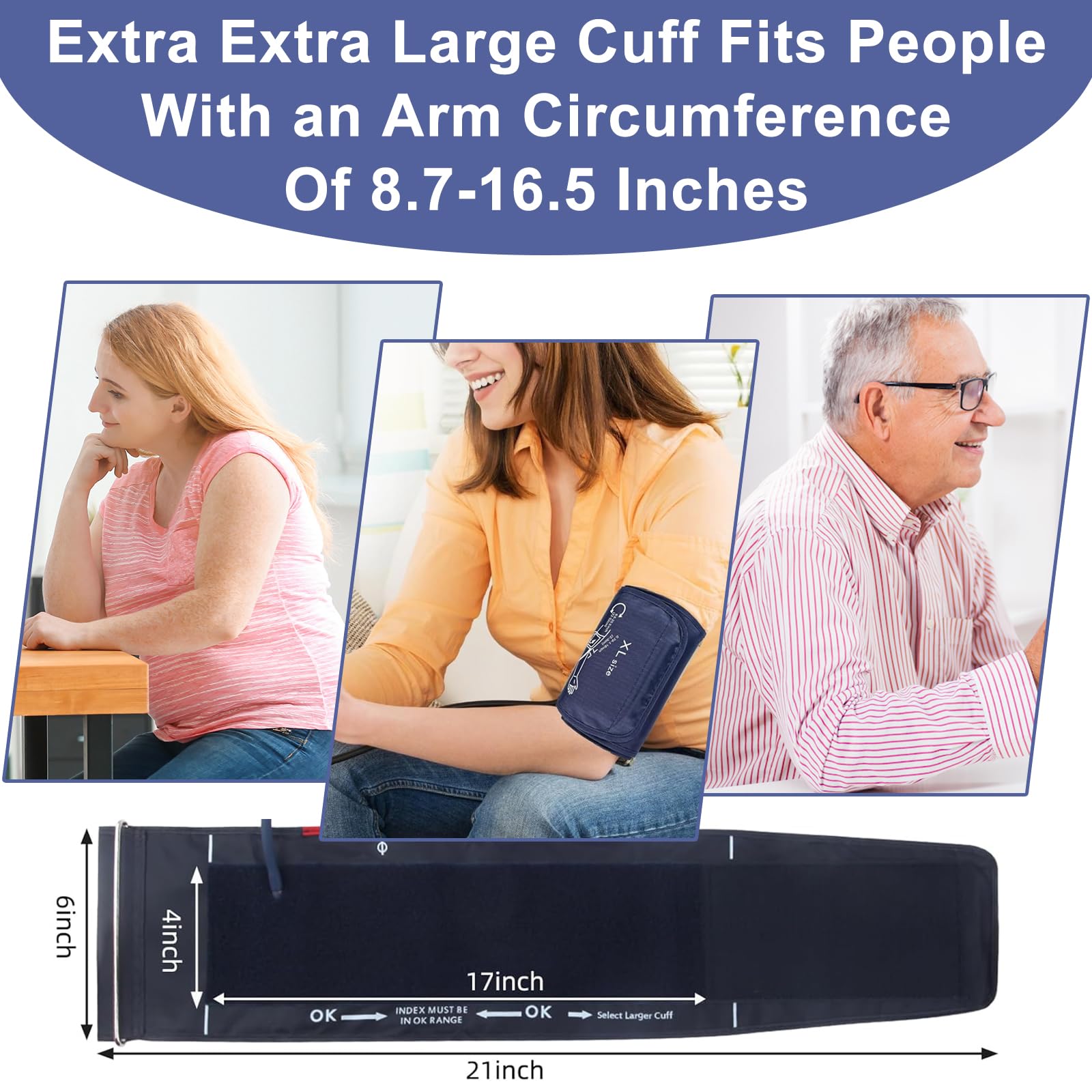 Brazalete grande de presión arterial para brazos de adultos de 22 a 42 cm, repuesto universal compatible con la mayoría de marcas, incluye 6 tamaños de conector