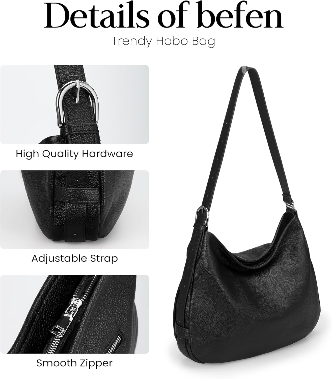 befen Genuine Leather Slouchy Hobo Bags for Women Soft Crossbody Purse Women's Shoulder Handbags With Adjustable Strap - Image 3