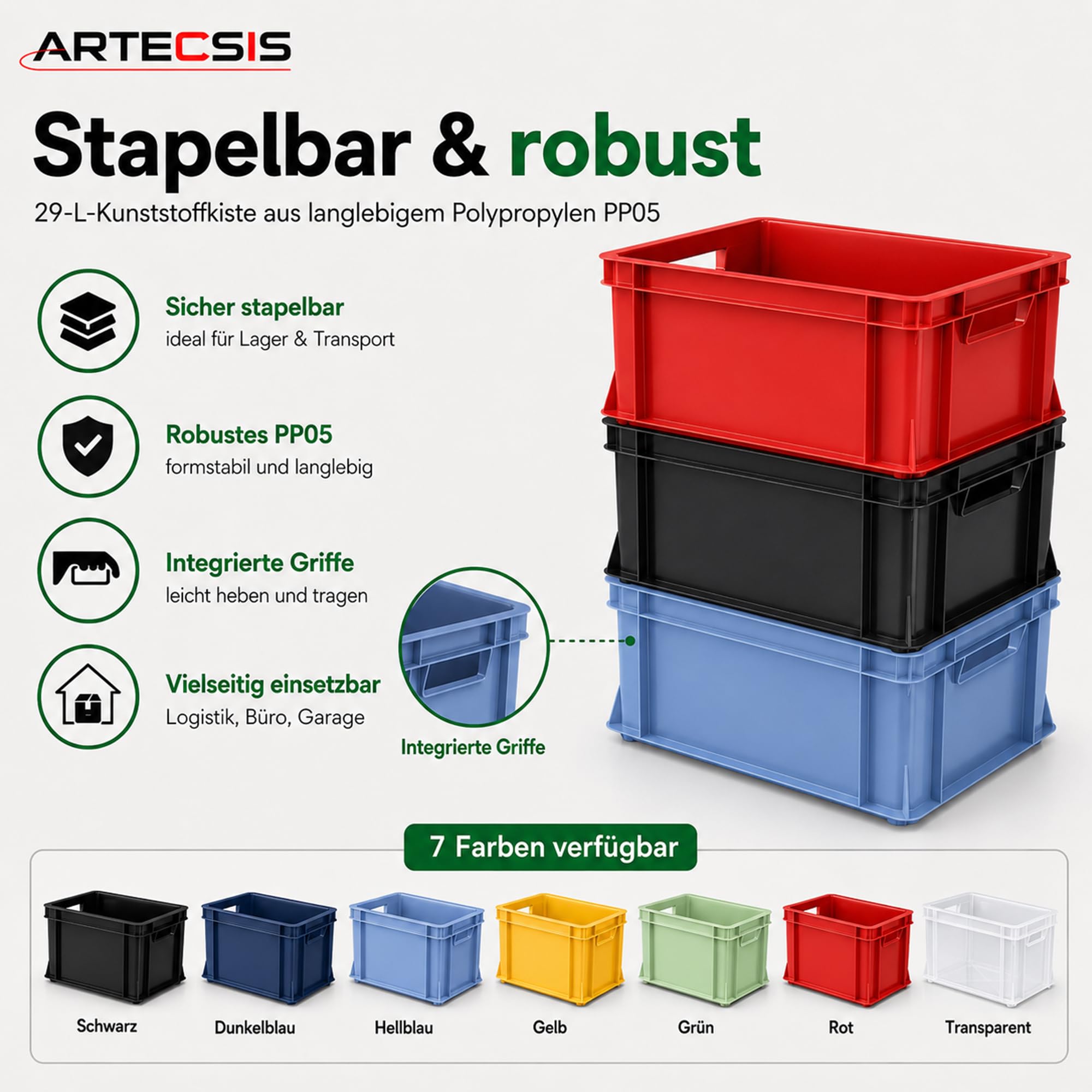 ARTECSIS® 3 x Kunststoffkiste 29L (stapelbar) rot - Transport & Lagerbox (41x34x24cm) - Aufbewahrungsbox & Lagerkiste aus stabilem Kunststoff - Ordnungsbox & Transportkiste Garten & Werkstatt
