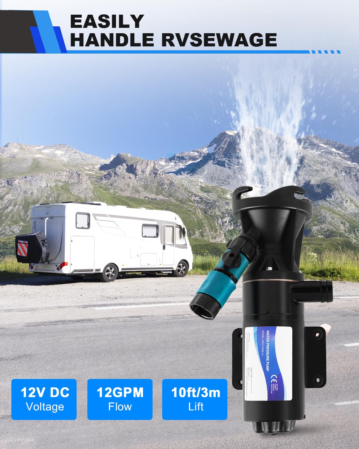 YUCHENGTECH Pompa Maceratore Camper 12V DC 12GPM Pompe per Acque Reflue Autoadescanti Aspirazione 3,2 piedi Sollevamento 10 piedi Pompa Portatile per Acque Reflue per Camper Roulotte Barche