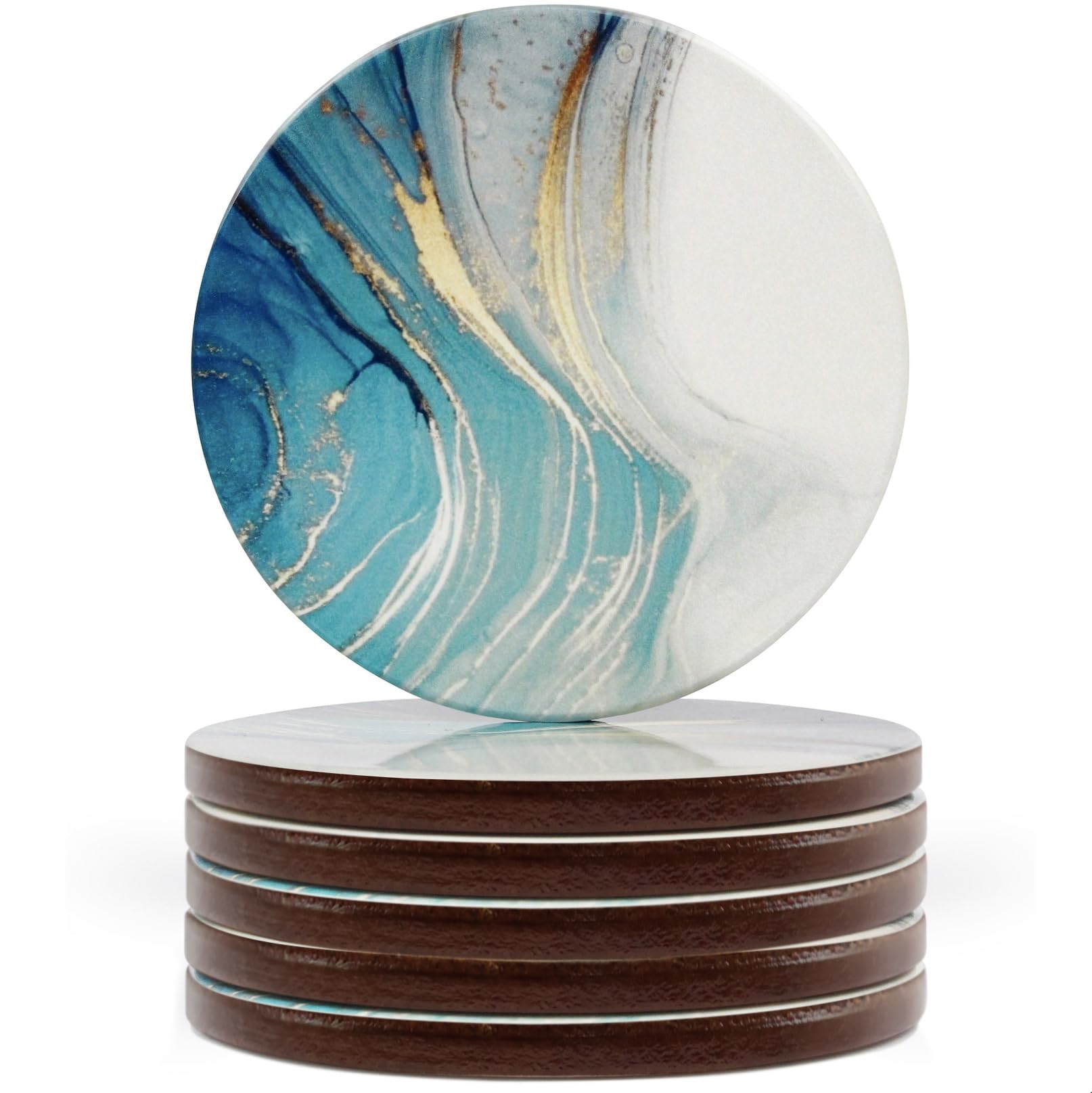 Naivasha Homeware Aqua - Gloss Finish Naivasha Homeware® Marble Print Cork Coasters - Set Of 6, Stunning Decorative Coasters In Gloss Finish, Elegant With Cork Bottom - Aqua Design